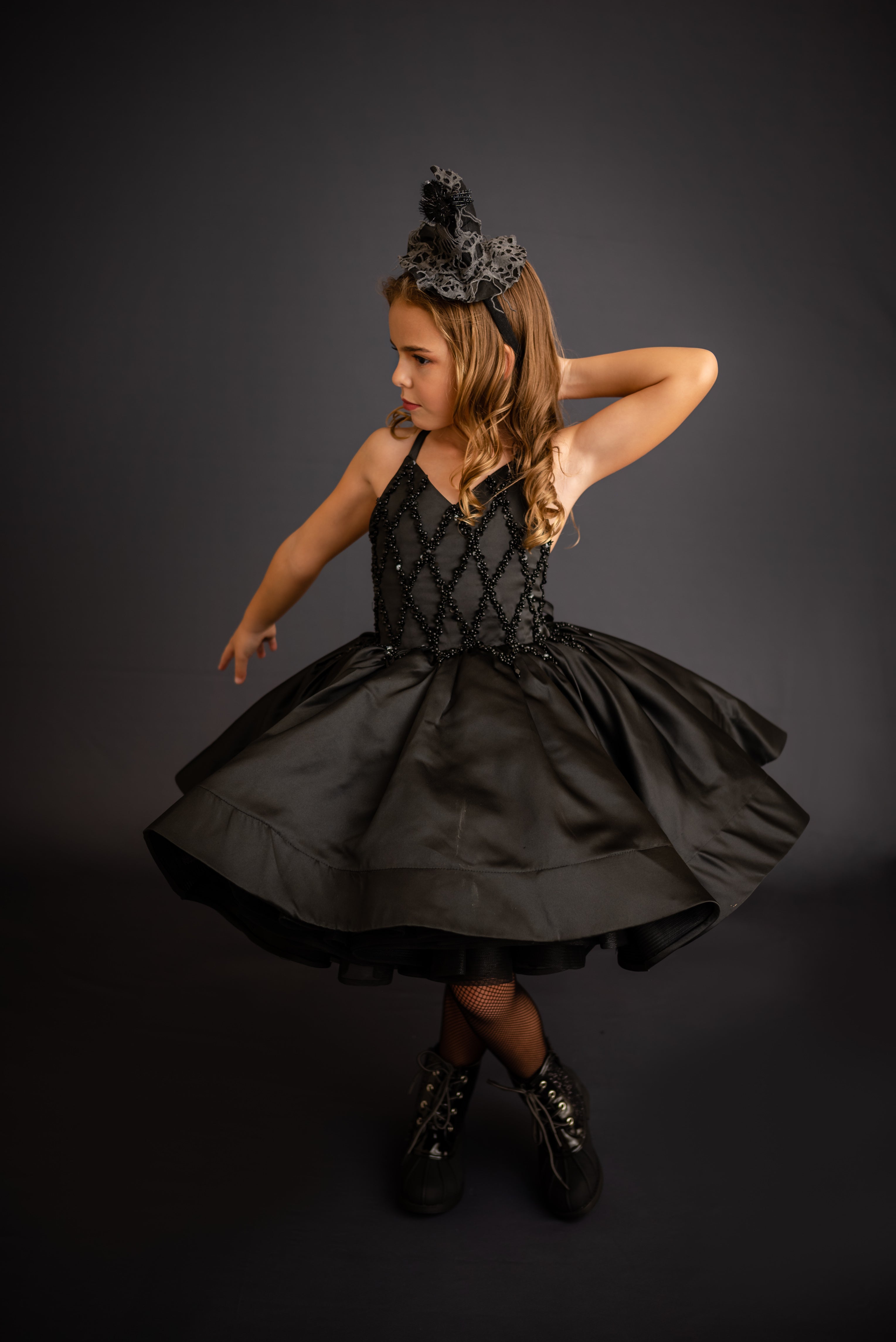 "Darling Plaid" Black Vintage Jacket + Black Beaded Solid Petal Length Dress ( 5 Year - Petite 6 Year)