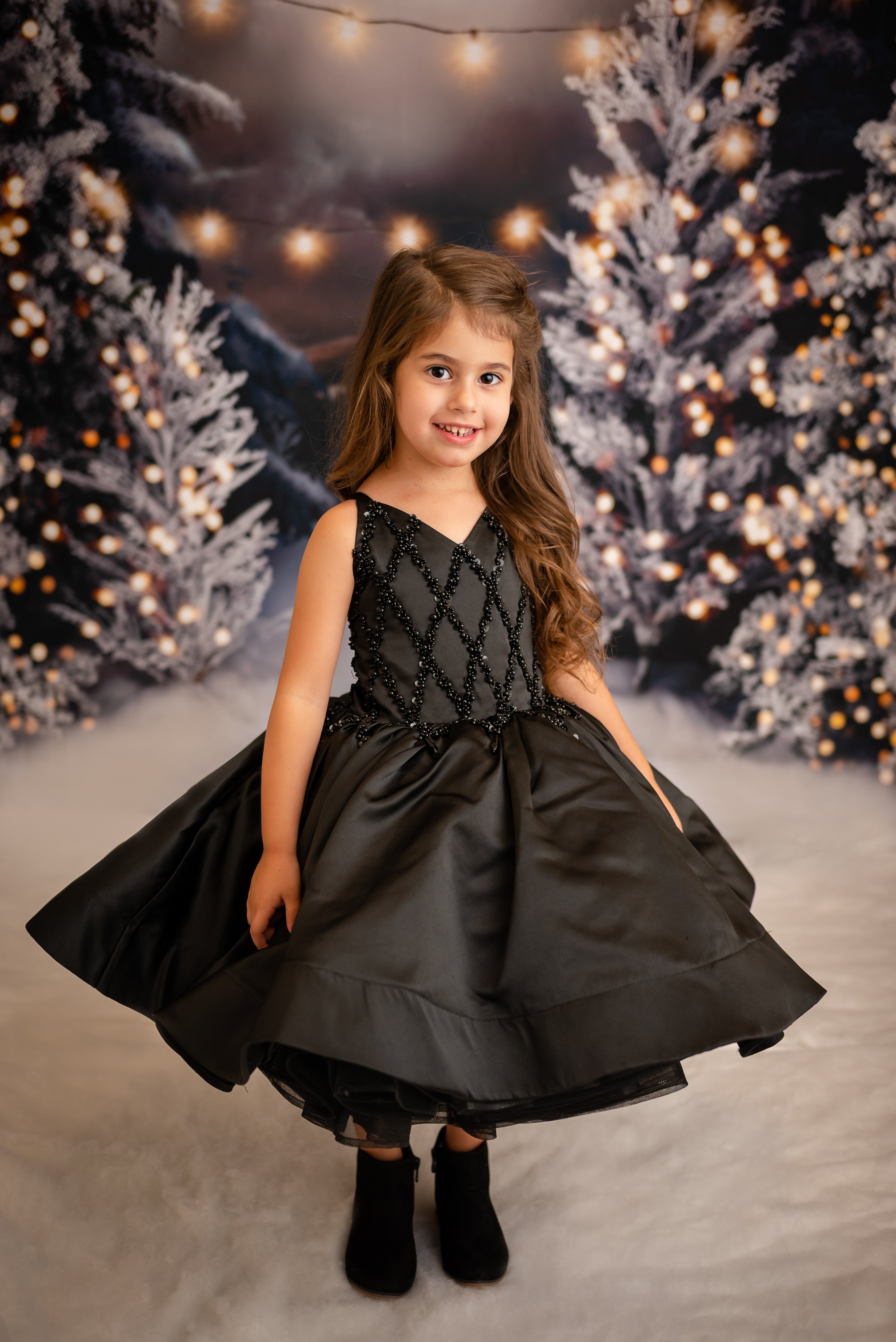 "Darling Plaid" Black Vintage Jacket + Black Beaded Solid Petal Length Dress ( 5 Year - Petite 6 Year)