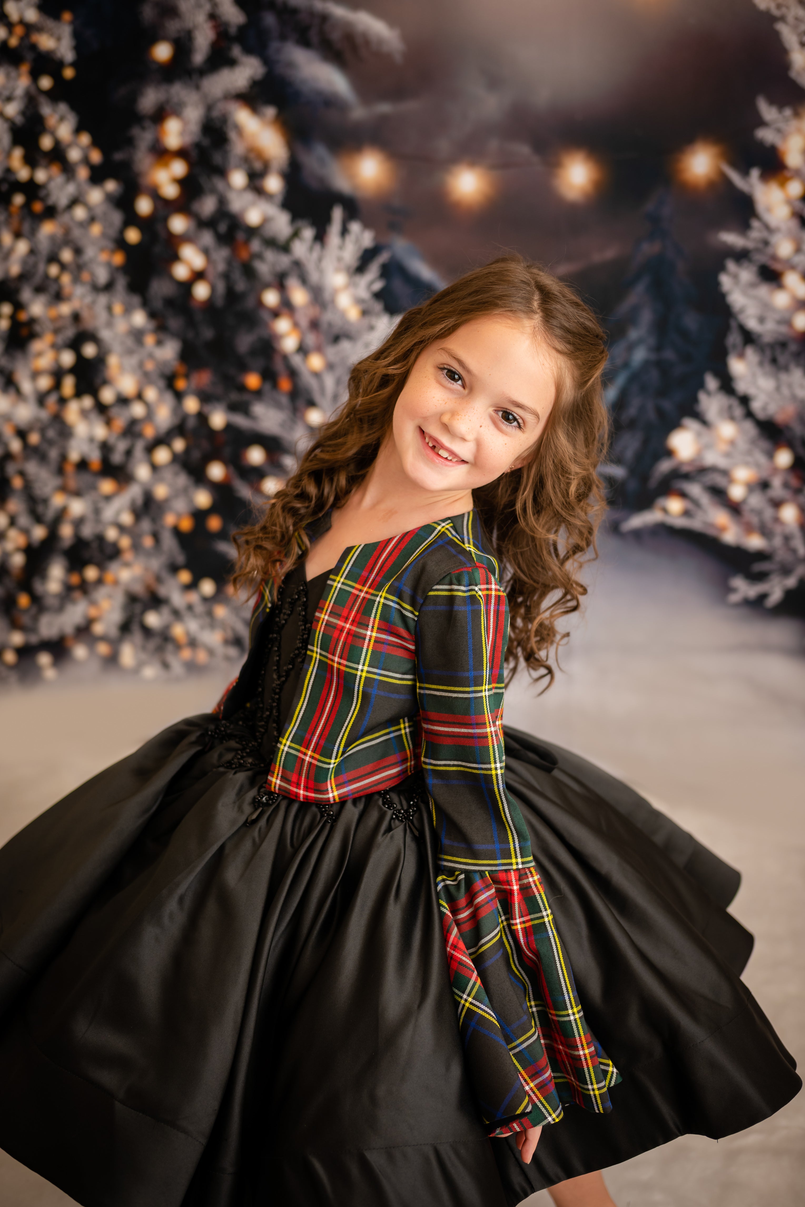 "Darling Plaid" Black Vintage Jacket  + Black Beaded Solid  Petal Length Dress ( 5 Year - Petite 6 Year)