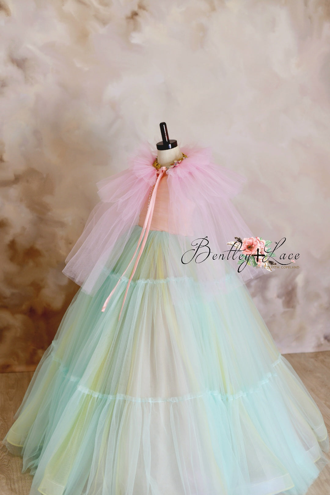 Retired rental euc Sherbet "Rainbow Party" Glitter Ruffle Neckline- Floor Length Dress (6 Year-Petite 8 Year)