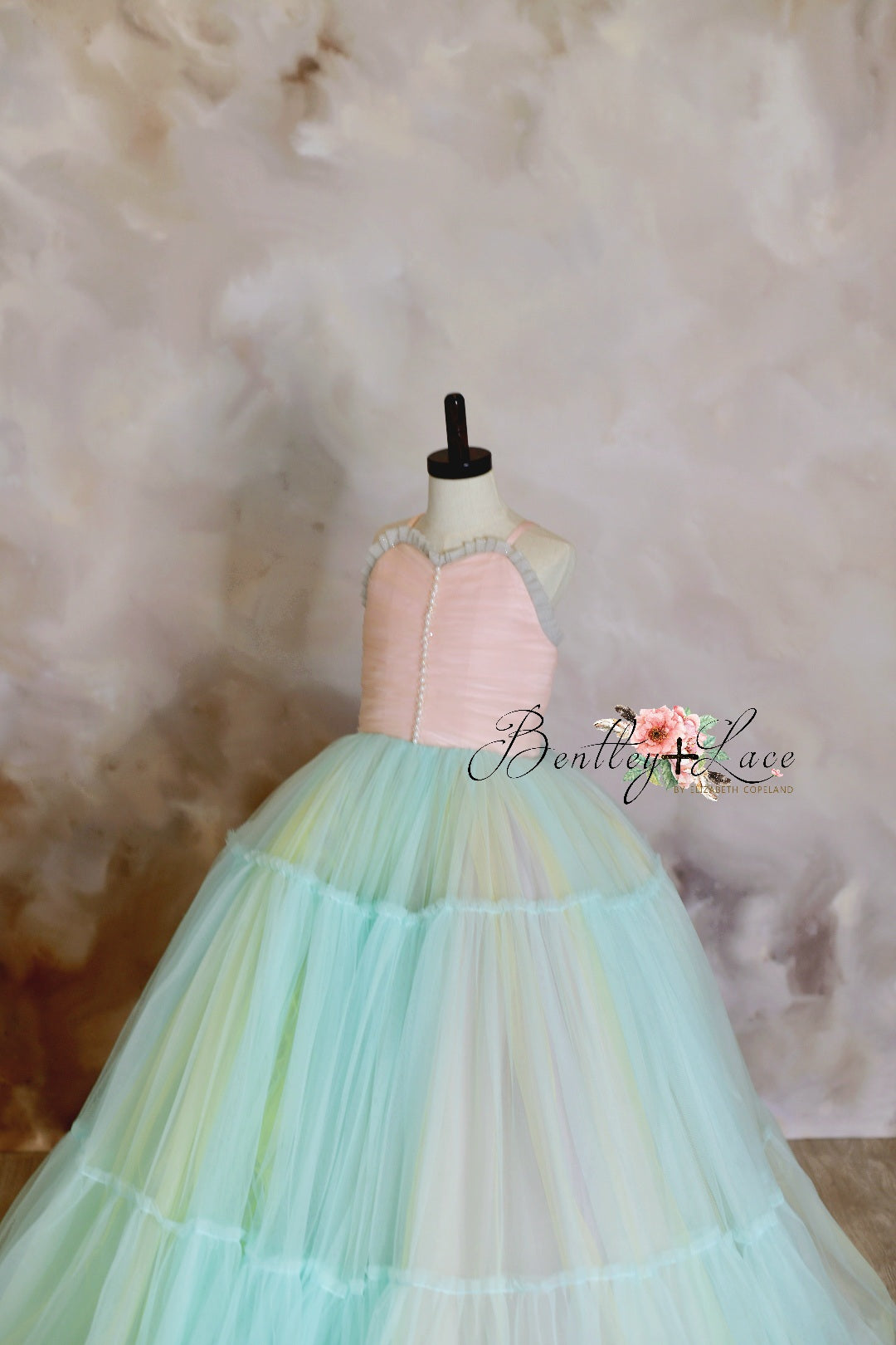 Retired rental euc Sherbet "Rainbow Party" Glitter Ruffle Neckline- Floor Length Dress (6 Year-Petite 8 Year)