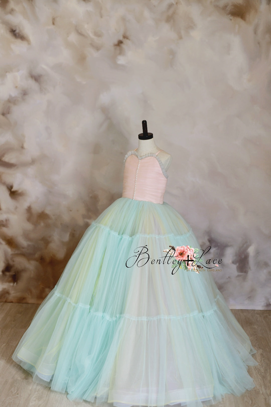 Retired rental euc Sherbet "Rainbow Party" Glitter Ruffle Neckline- Floor Length Dress (6 Year-Petite 8 Year)