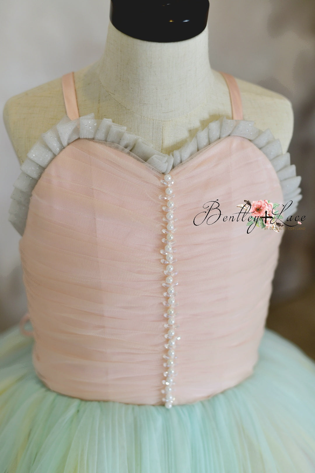 Retired rental euc Sherbet "Rainbow Party" Glitter Ruffle Neckline- Floor Length Dress (6 Year-Petite 8 Year)
