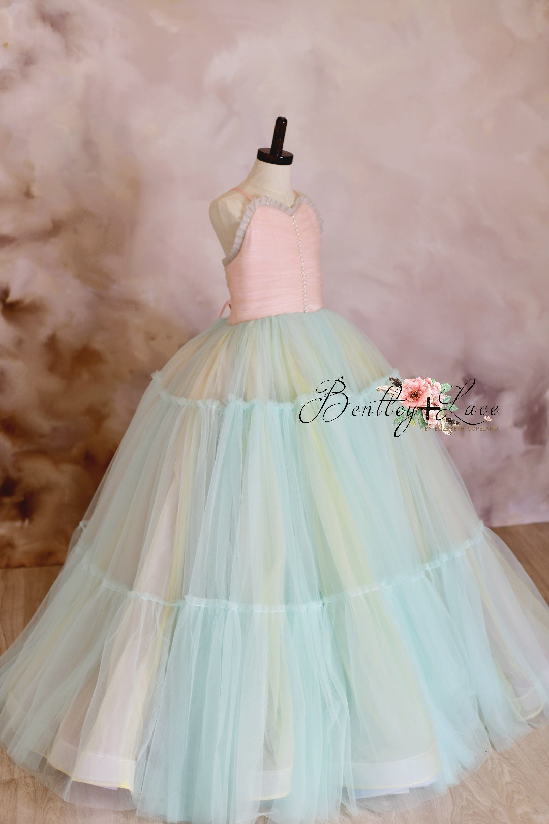 Retired rental euc Sherbet "Rainbow Party" Glitter Ruffle Neckline- Floor Length Dress (6 Year-Petite 8 Year)