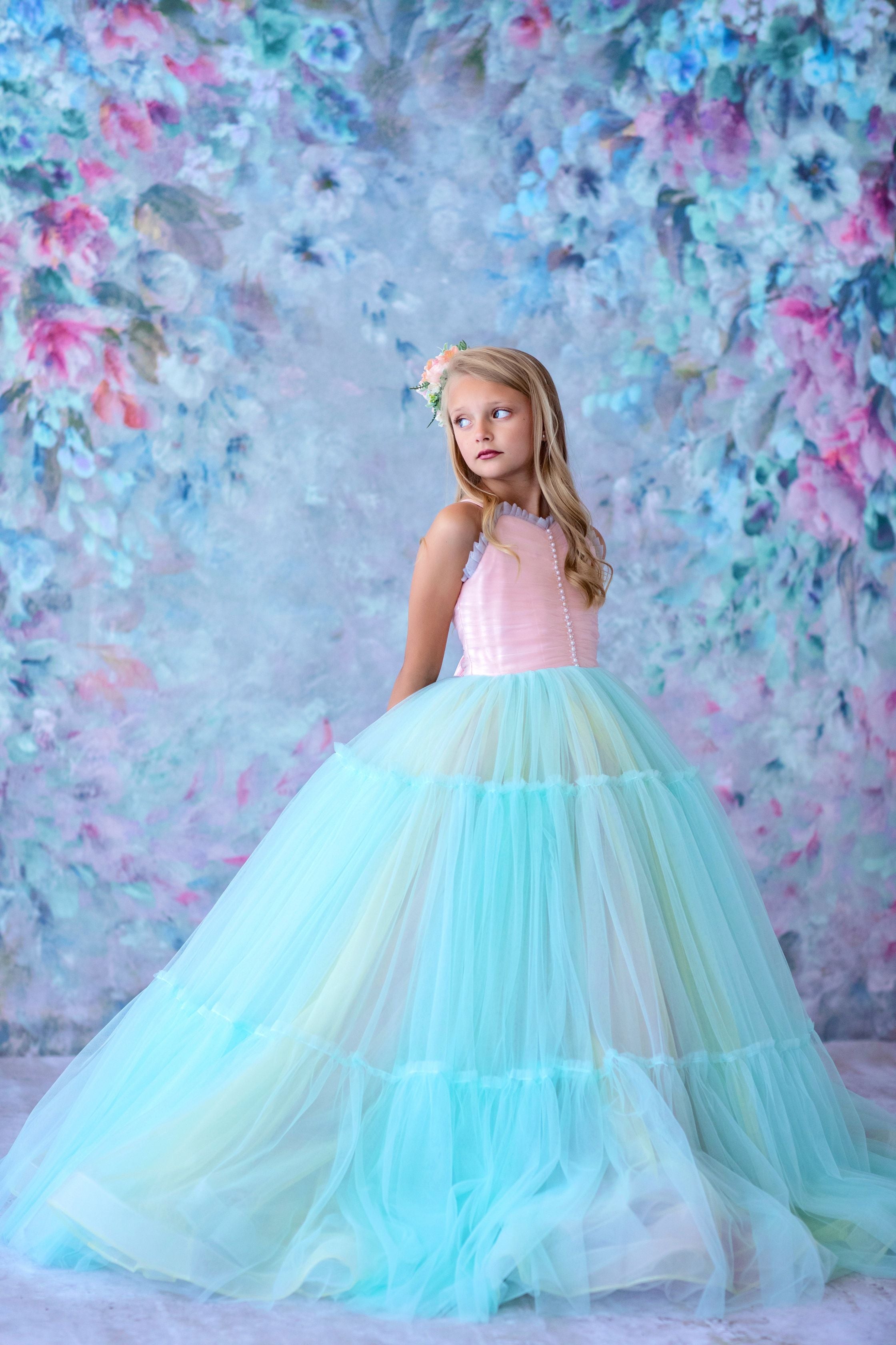 Retired rental euc Sherbet "Rainbow Party" Glitter Ruffle Neckline- Floor Length Dress (6 Year-Petite 8 Year)