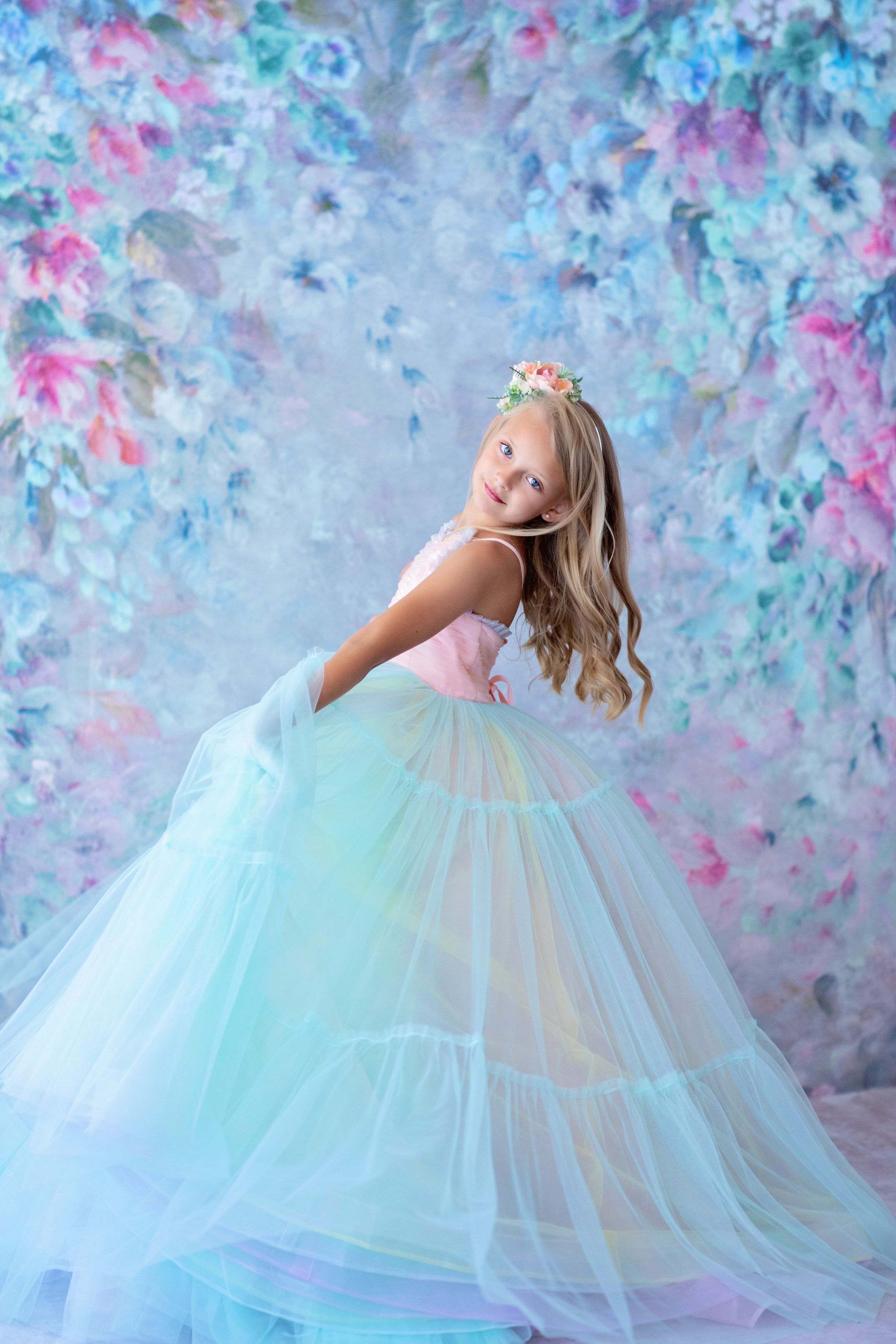 Retired rental euc Sherbet "Rainbow Party" Glitter Ruffle Neckline- Floor Length Dress (6 Year-Petite 8 Year)
