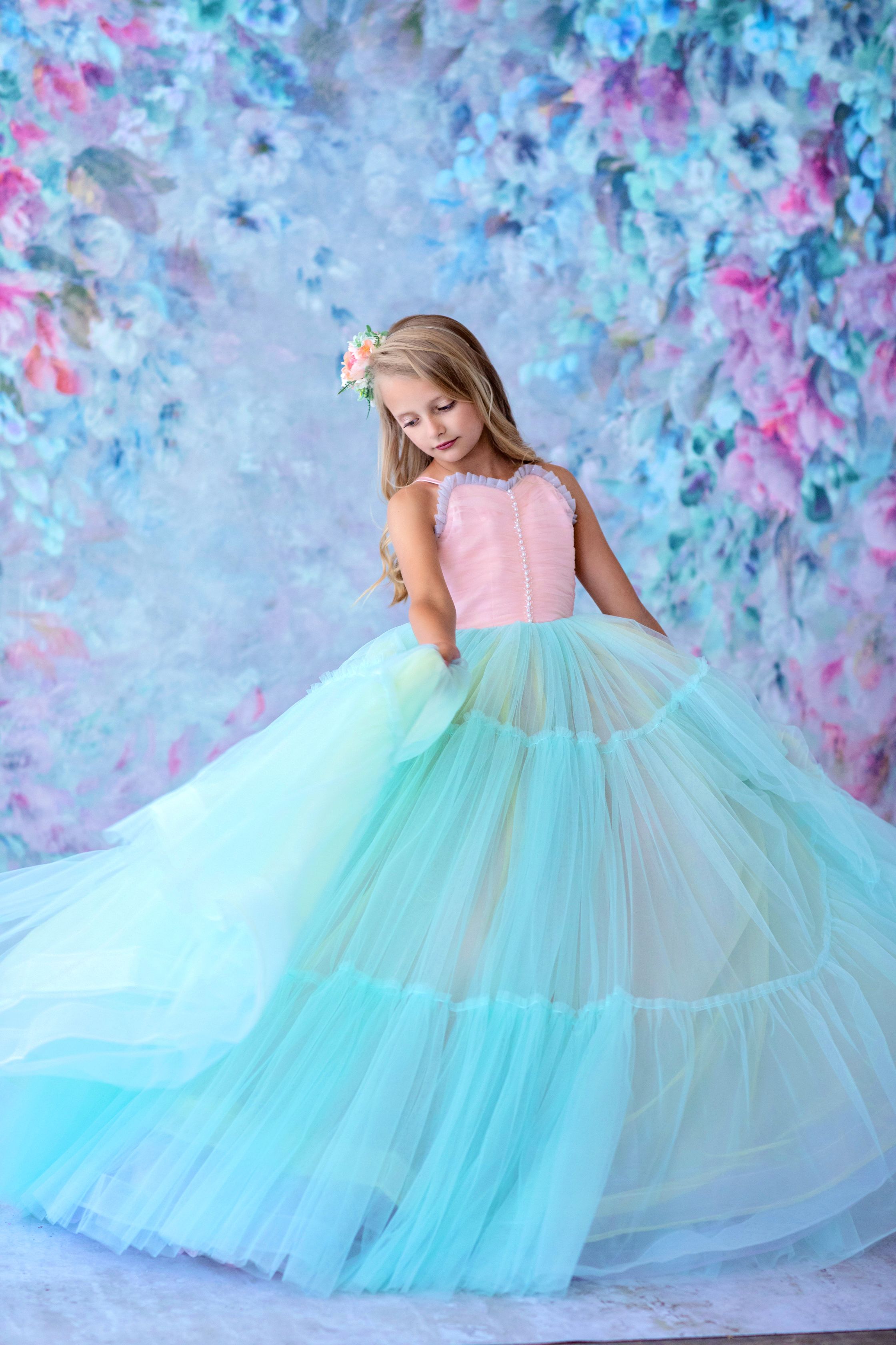 Retired rental euc Sherbet "Rainbow Party" Glitter Ruffle Neckline- Floor Length Dress (6 Year-Petite 8 Year)