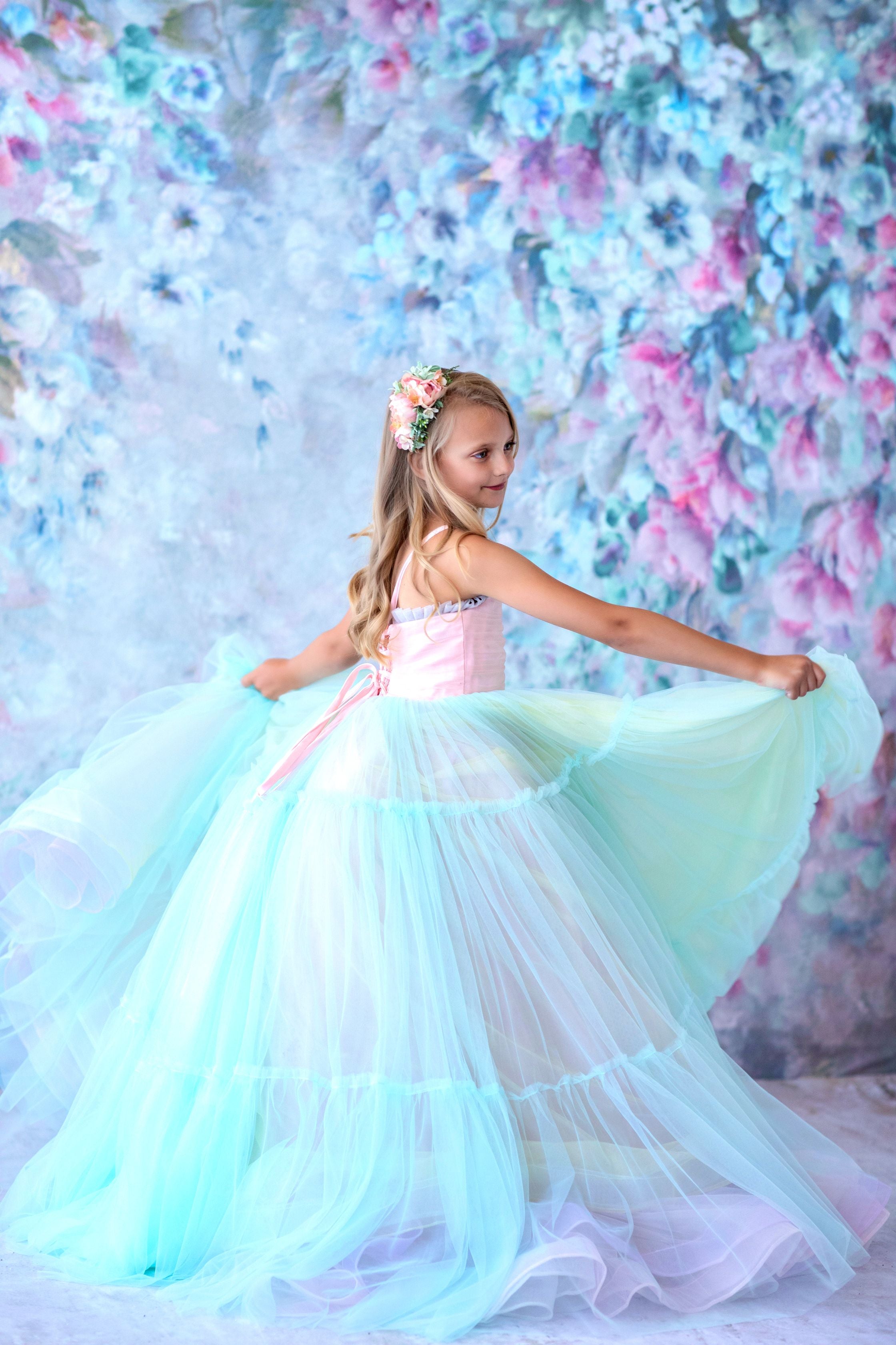 Retired rental euc Sherbet "Rainbow Party" Glitter Ruffle Neckline- Floor Length Dress (6 Year-Petite 8 Year)