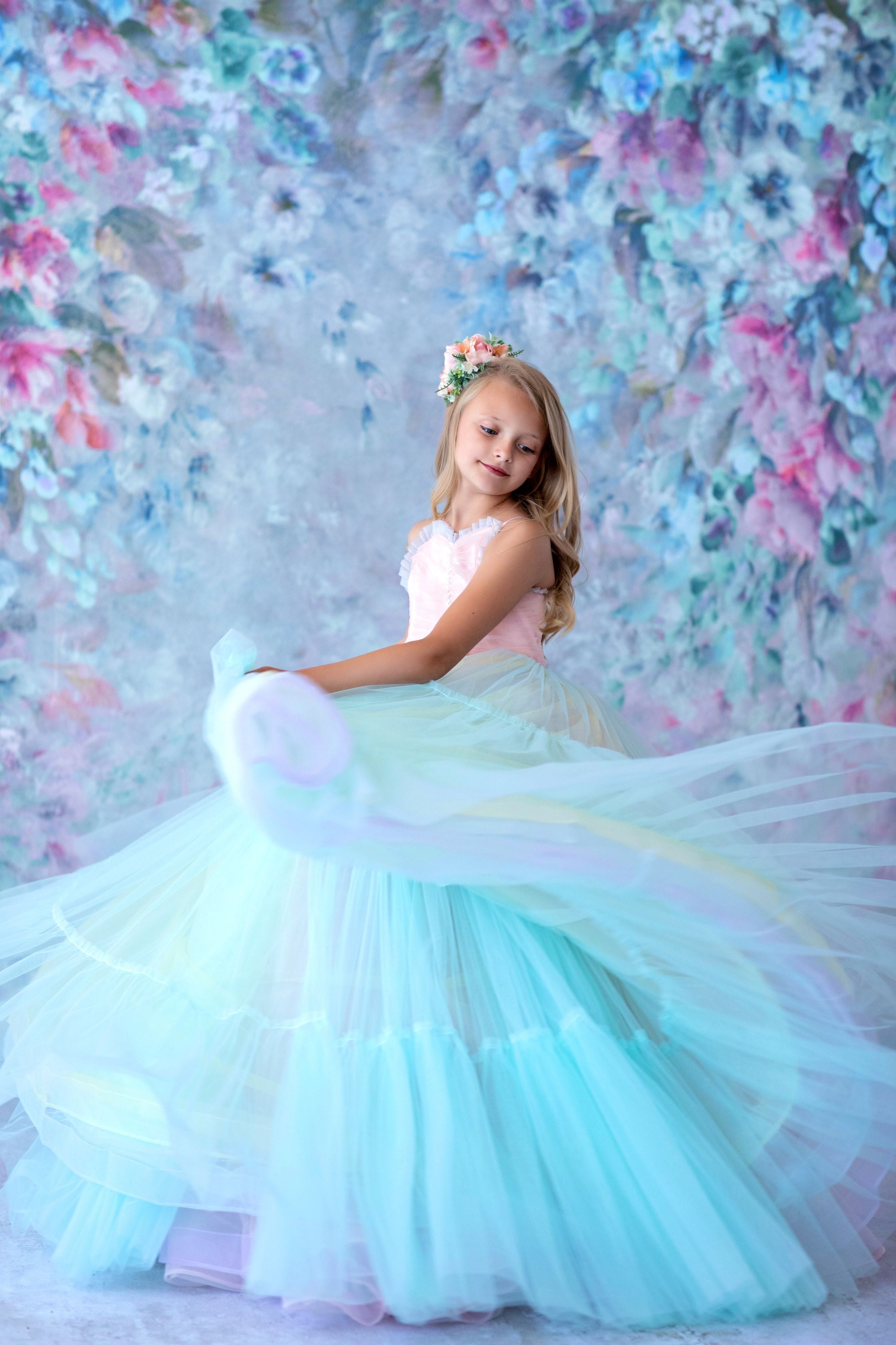Retired rental euc Sherbet "Rainbow Party" Glitter Ruffle Neckline- Floor Length Dress (6 Year-Petite 8 Year)