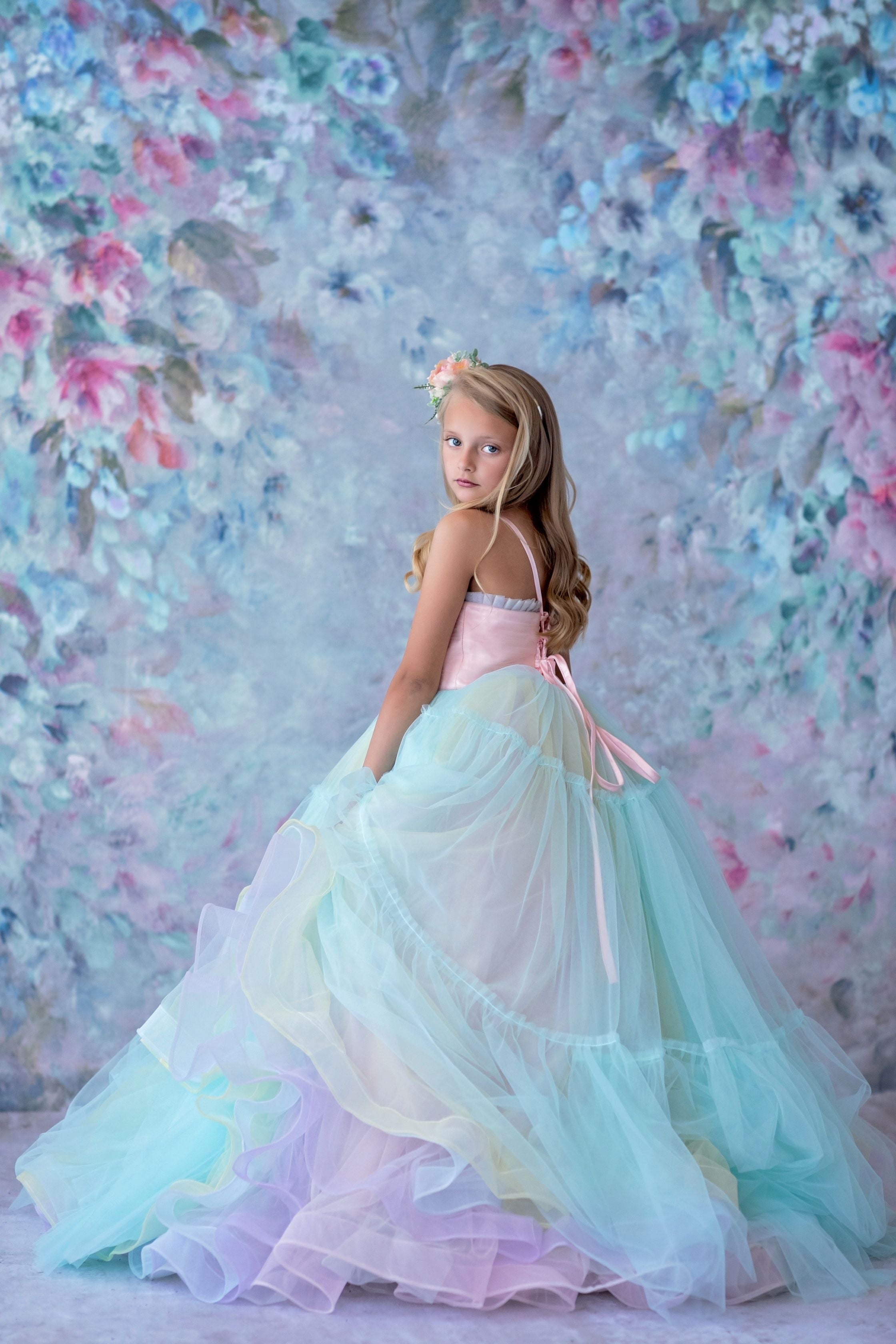 Retired rental euc Sherbet "Rainbow Party" Glitter Ruffle Neckline- Floor Length Dress (6 Year-Petite 8 Year)