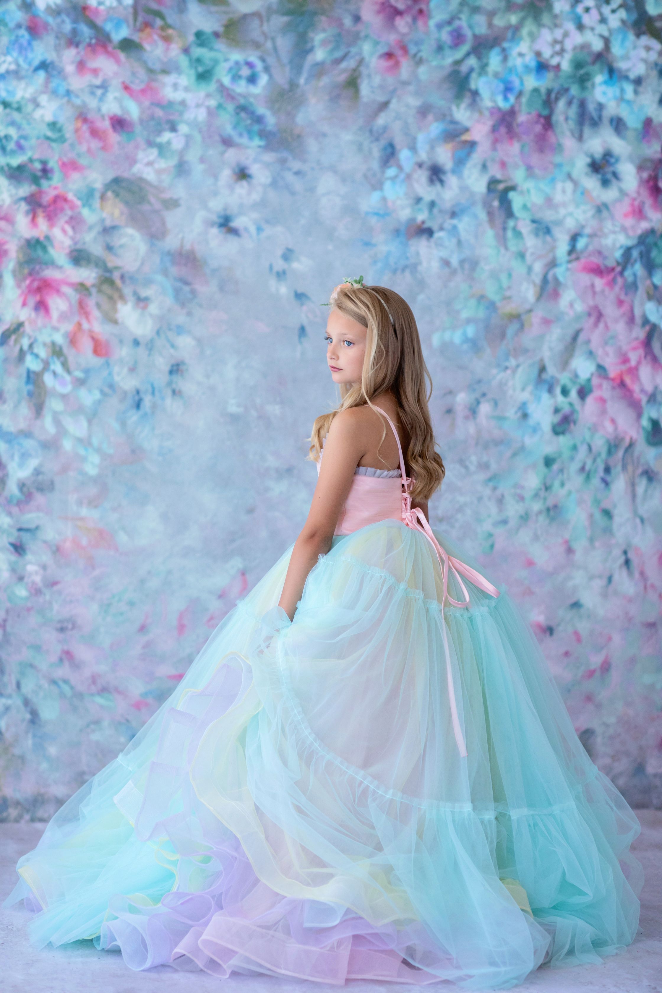 Retired rental euc Sherbet "Rainbow Party" Glitter Ruffle Neckline- Floor Length Dress (6 Year-Petite 8 Year)