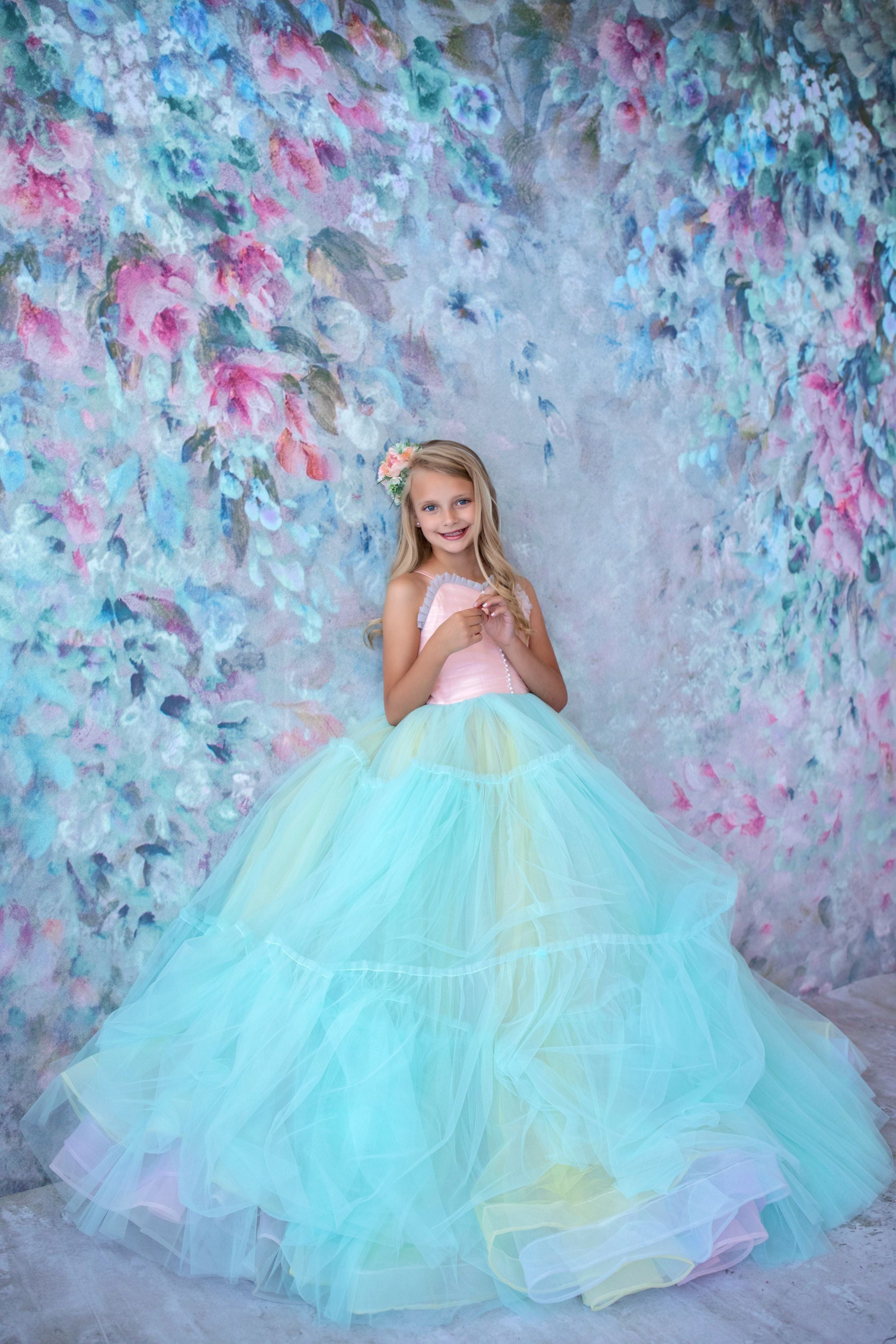 Retired rental euc Sherbet "Rainbow Party" Glitter Ruffle Neckline- Floor Length Dress (6 Year-Petite 8 Year)