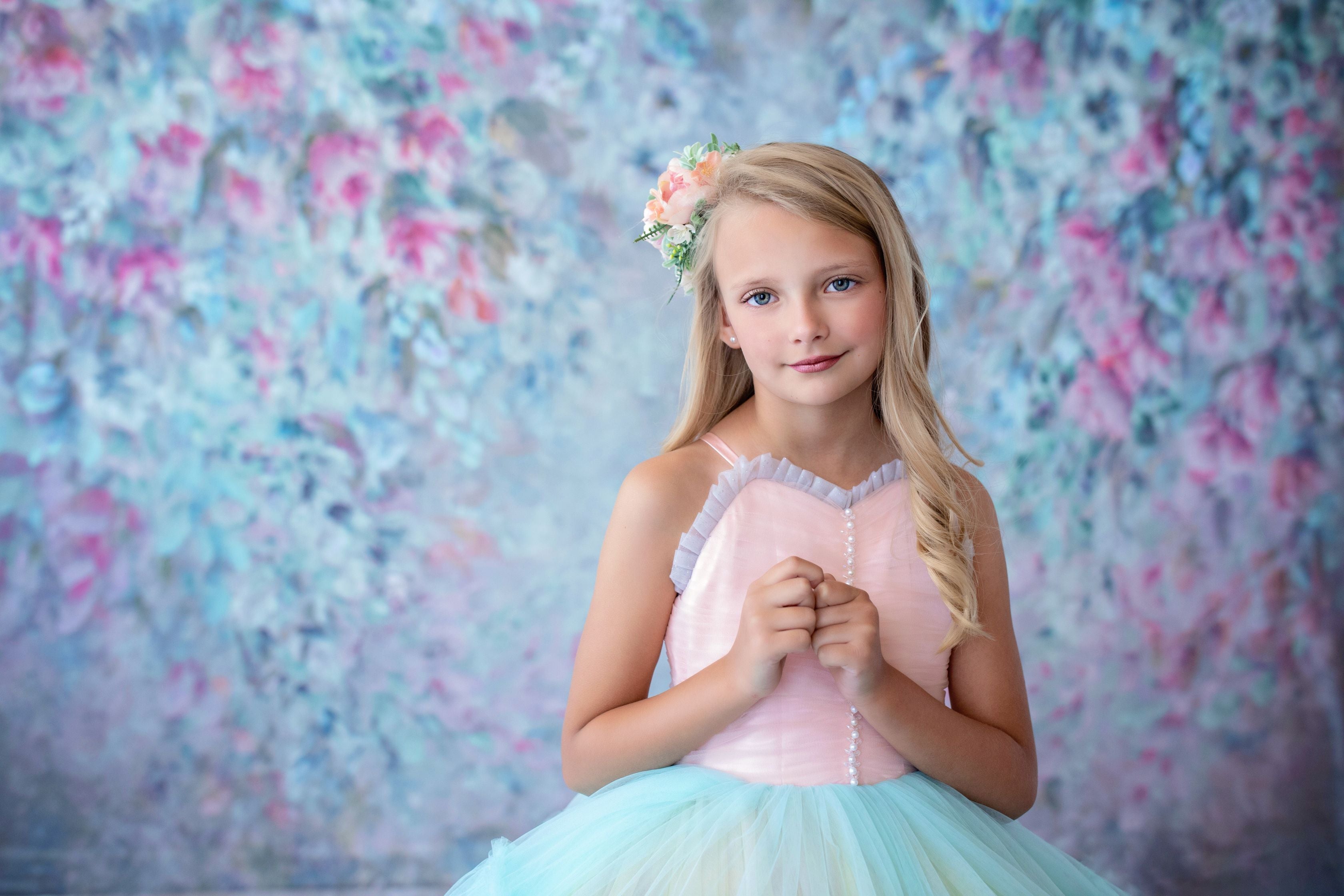 Retired rental euc Sherbet "Rainbow Party" Glitter Ruffle Neckline- Floor Length Dress (6 Year-Petite 8 Year)
