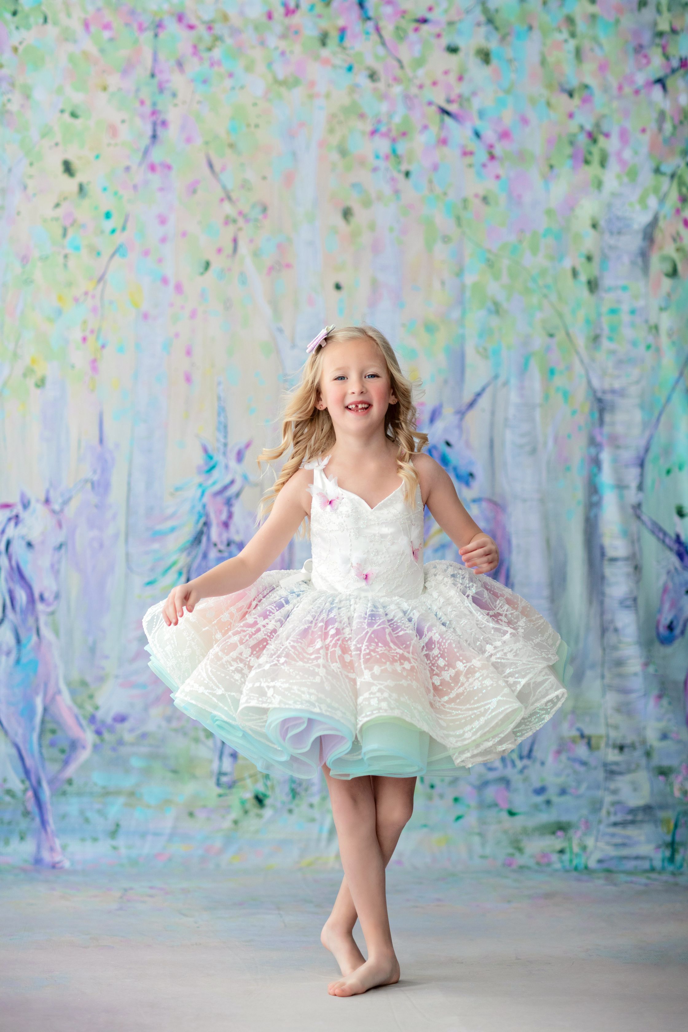 "Unicorns & Rainbows" - Petal Short Length Dress ( 4 Year - Petite 5 Year)
