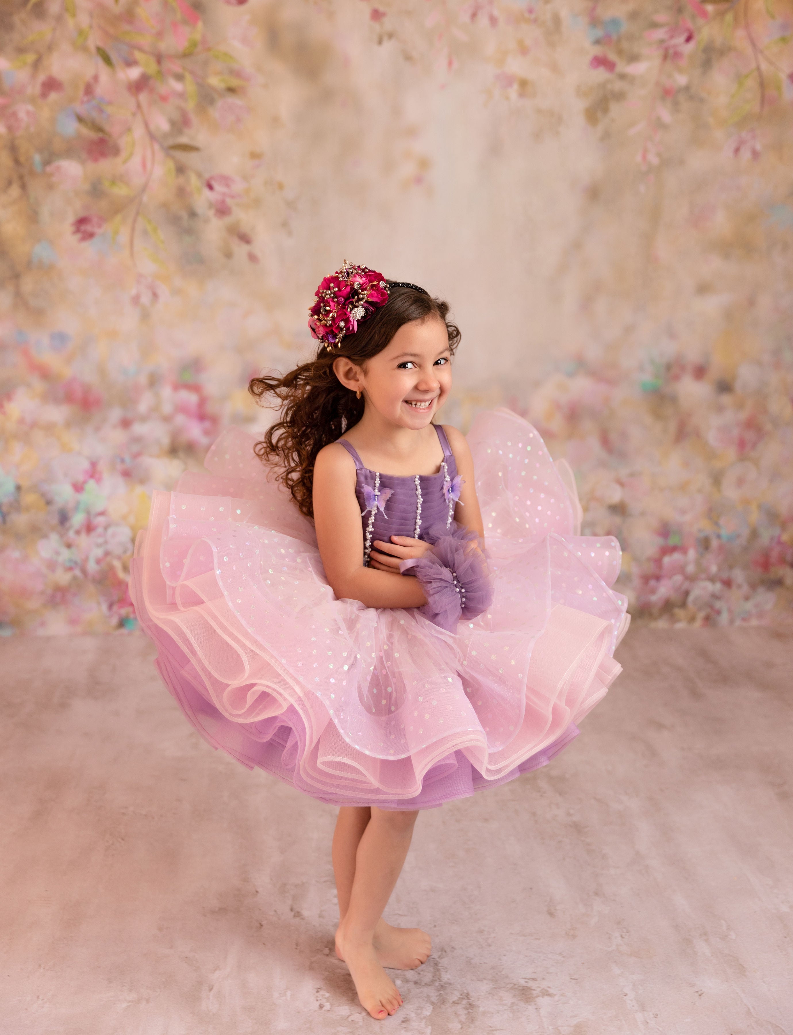Lavender Butterfly Confetti - Petal Length Dress (3 Year-Petite 5 Year)