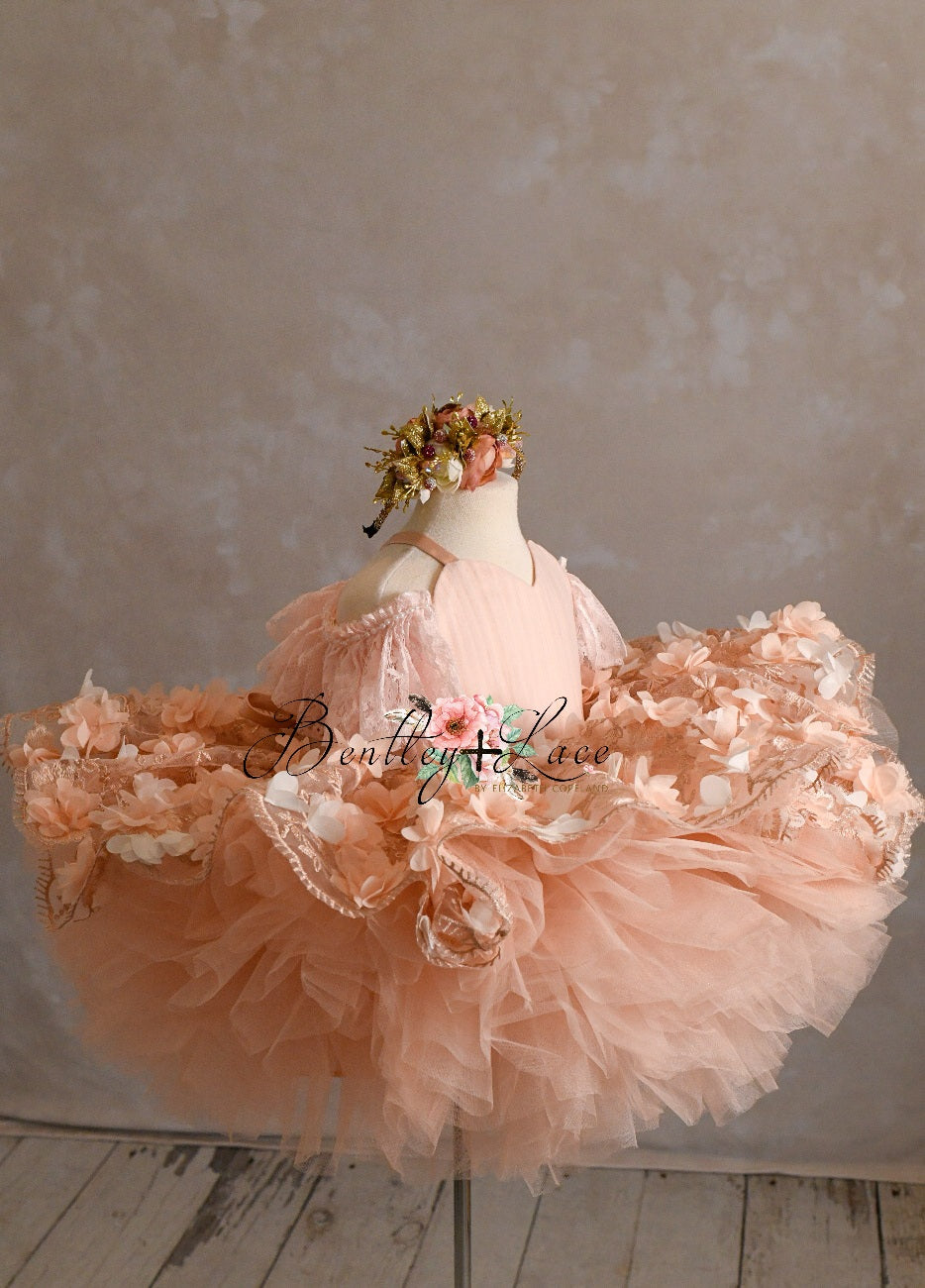 Charlee ballerina length gown- shades of peach (3 year- petite 4 year)