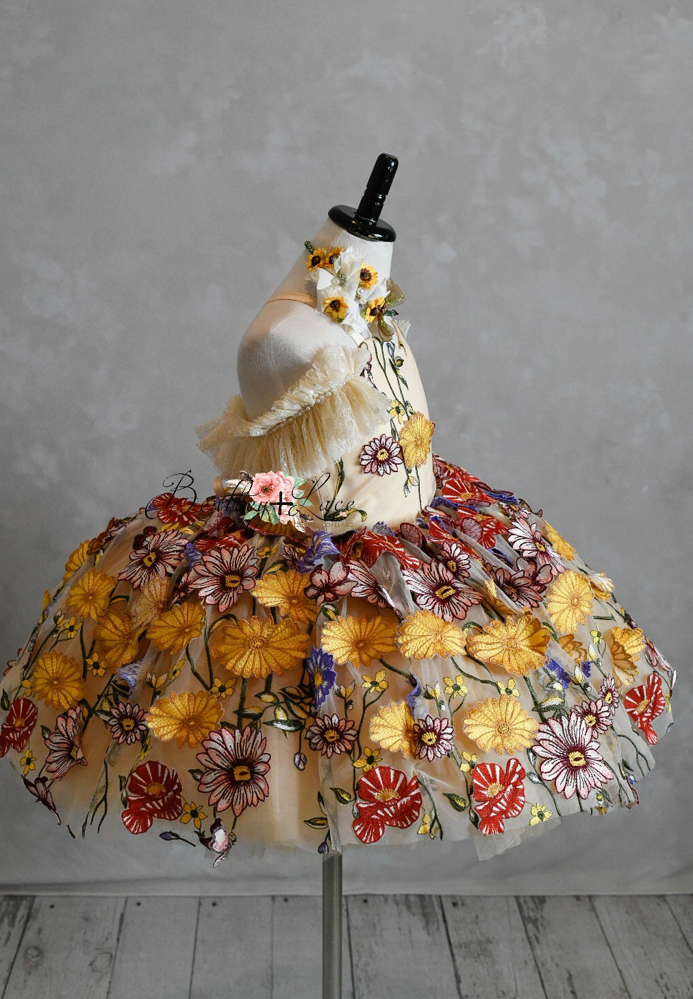"Daisymae" in Champagne - Petal Short Length Dress ( 5 Year - Petite 6 Year)