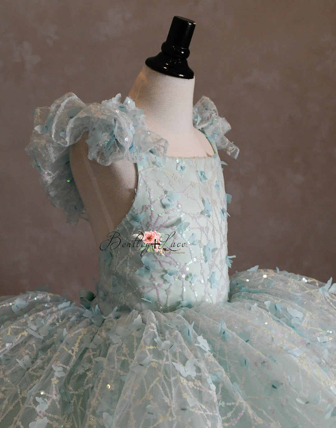 "Mystical Dreams" Butterflies- square neck Seafoam - Petal Length Dress ( 7 Year - Petite 8 Year)
