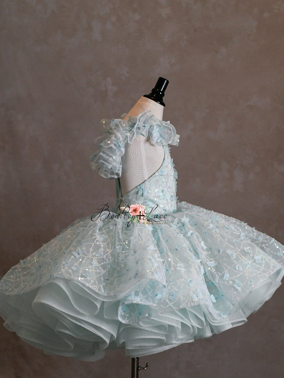 "Mystical Dreams" Butterflies- square neck Seafoam -  Petal Length Dress ( 7 Year - Petite 8 Year)