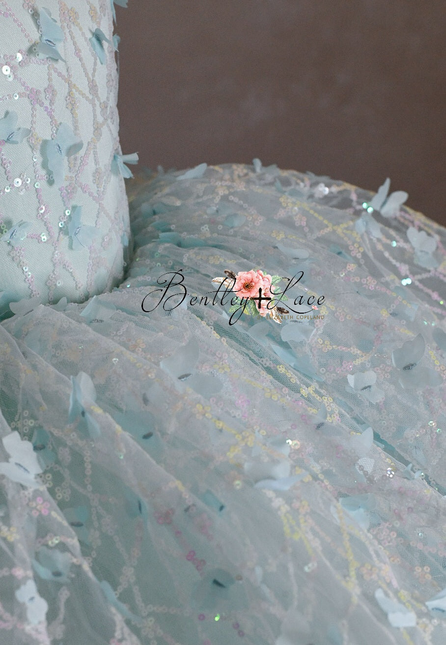 "Mystical Dreams" Butterflies- square neck Seafoam - Petal Length Dress ( 7 Year - Petite 8 Year)