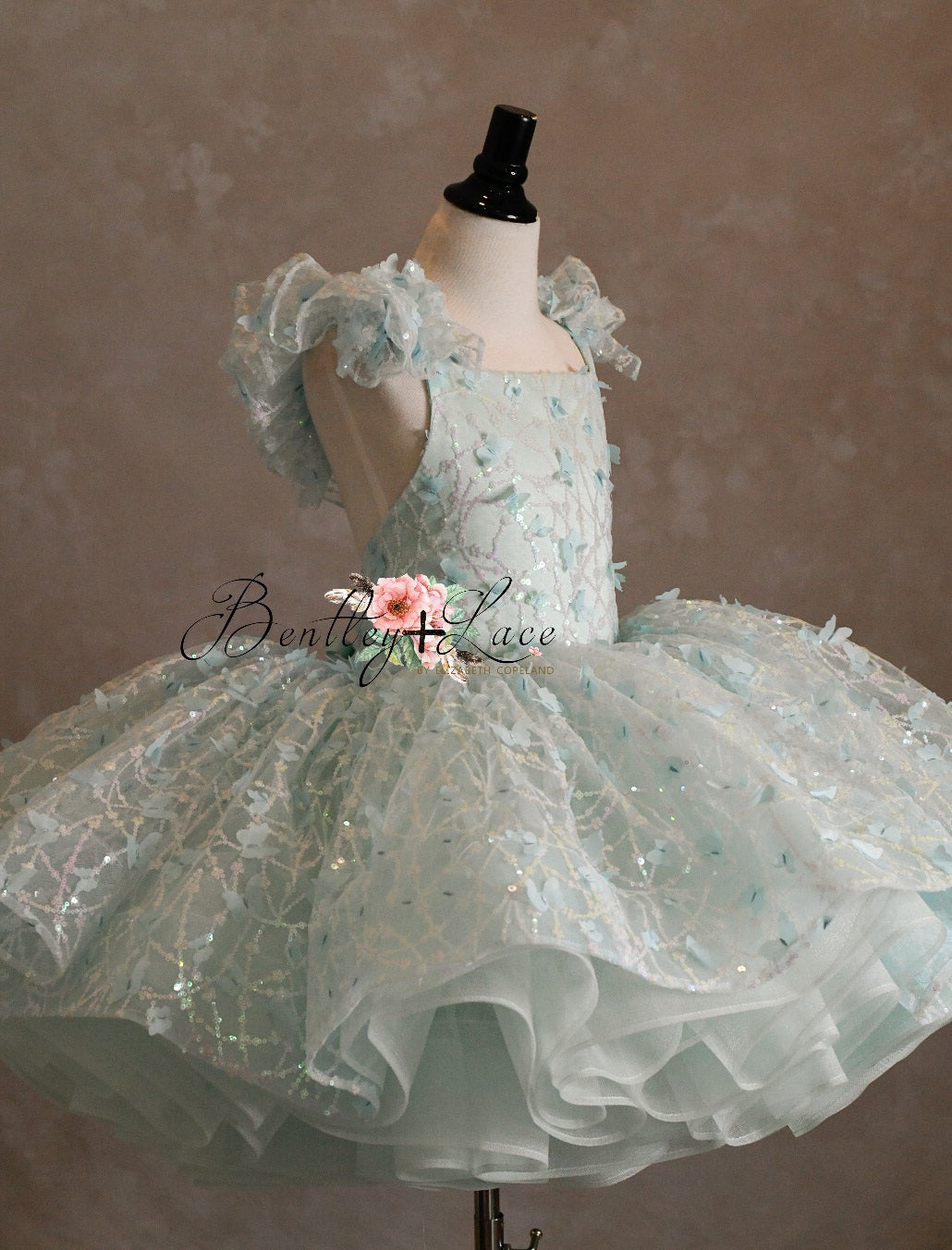 "Mystical Dreams" Butterflies- square neck Seafoam - Petal Length Dress ( 7 Year - Petite 8 Year)