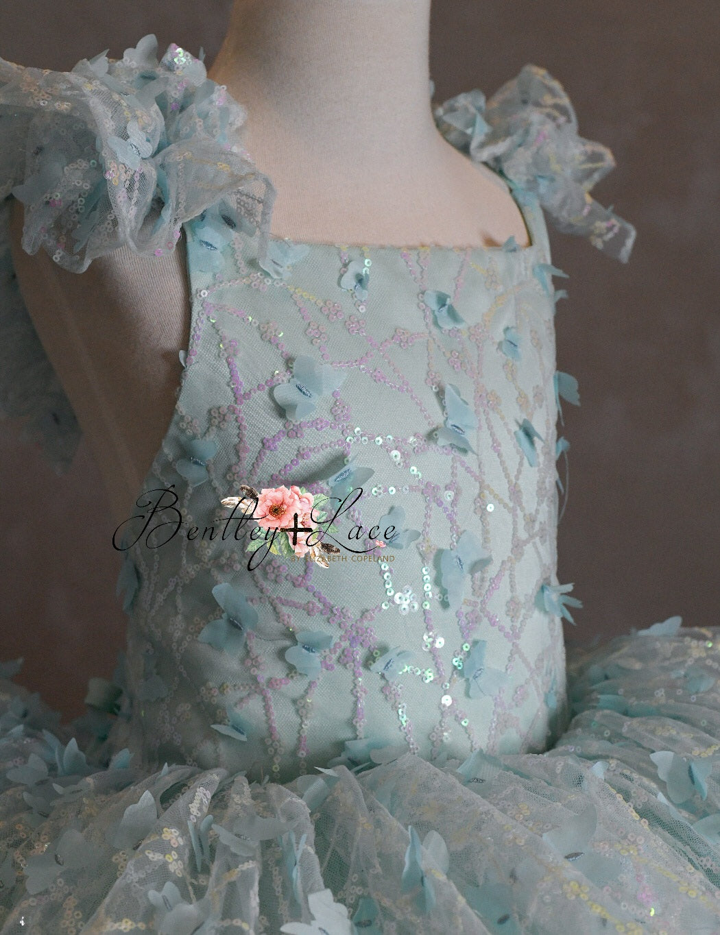 "Mystical Dreams" Butterflies- square neck Seafoam - Petal Length Dress ( 7 Year - Petite 8 Year)