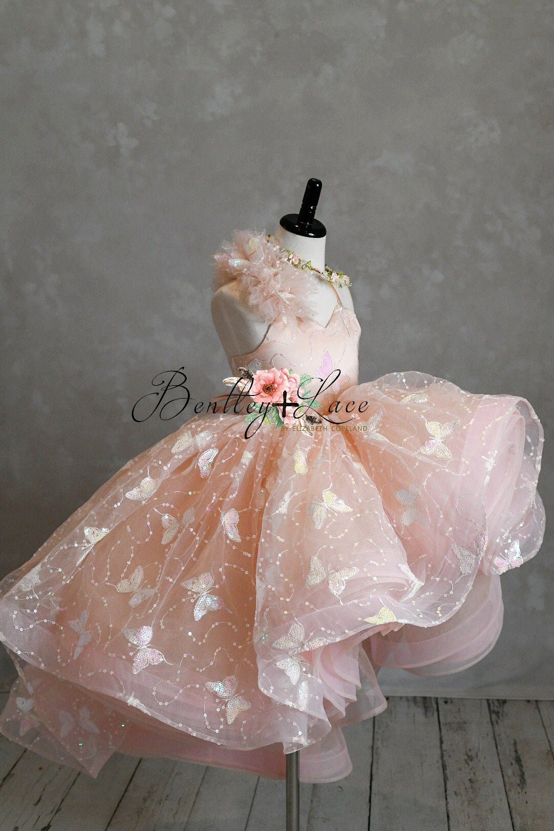 "The sparkling butterfly embroidery on the Anastasia gown glistening under soft lighting, perfect for a magical photoshoot."