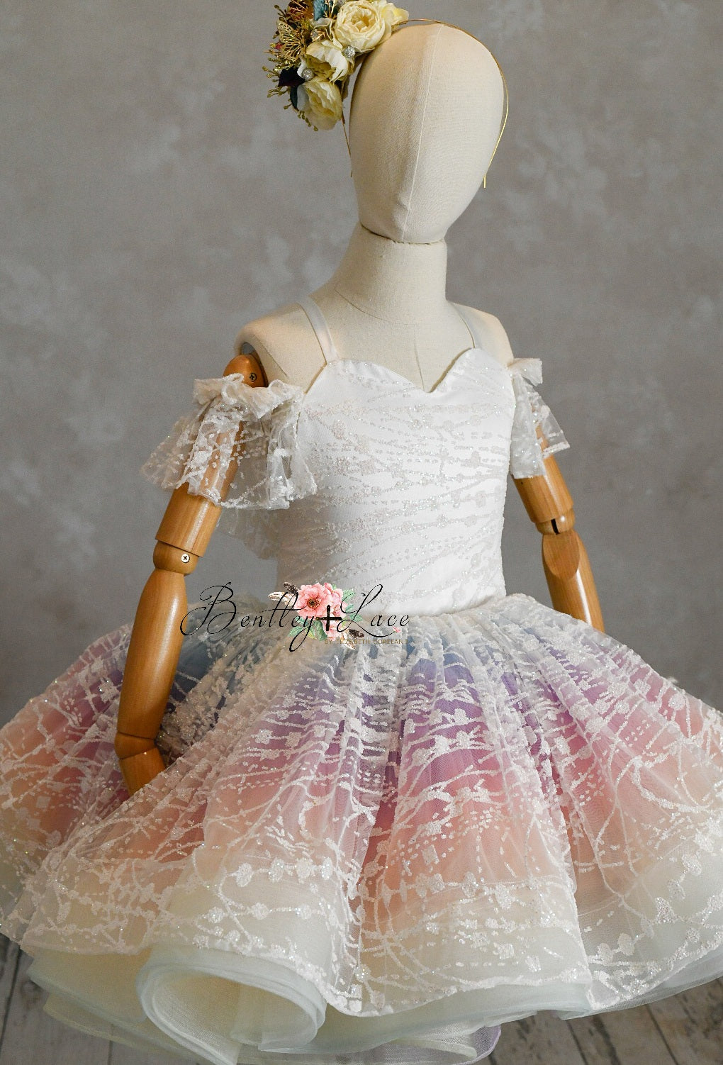 "Unicorns & Rainbows" - off shoulder lace- Petal Short Length Dress ( 7 Year - Petite 8 Year)