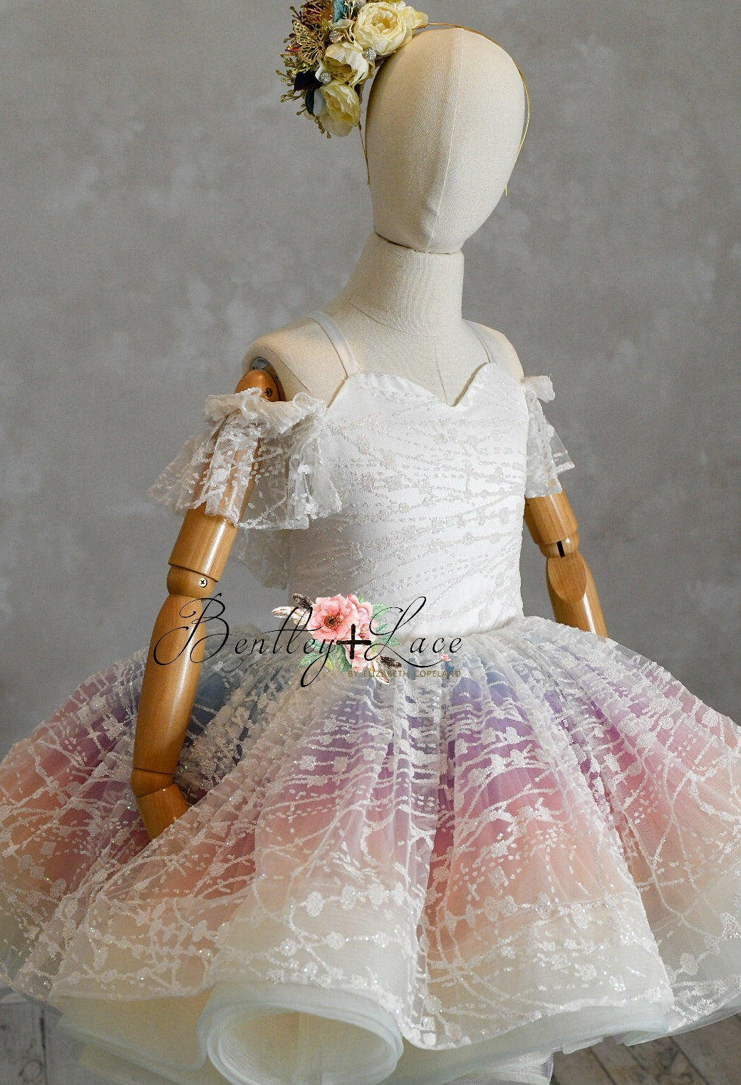 "Unicorns & Rainbows" - off shoulder lace- Petal Short Length Dress ( 7 Year - Petite 8 Year)