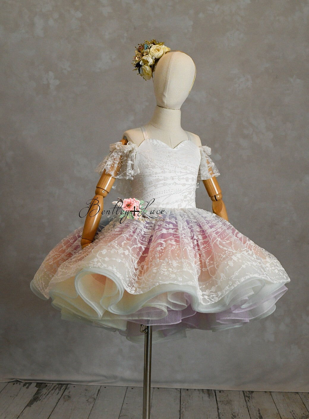 "Unicorns & Rainbows" - off shoulder lace- Petal Short Length Dress ( 7 Year - Petite 8 Year)
