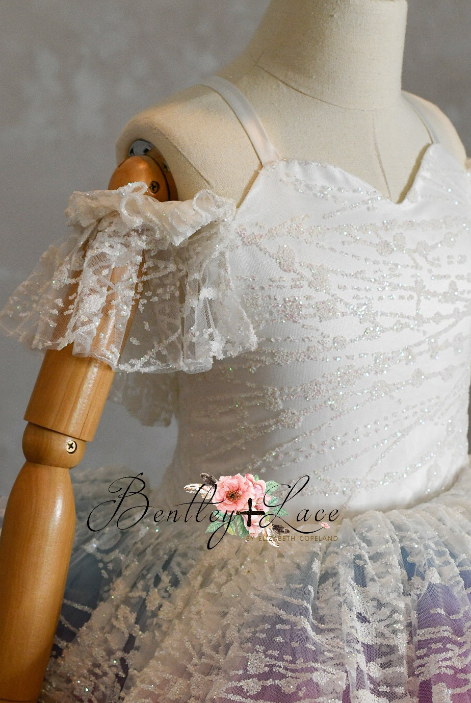 "Unicorns & Rainbows" - off shoulder lace- Petal Short Length Dress ( 7 Year - Petite 8 Year)