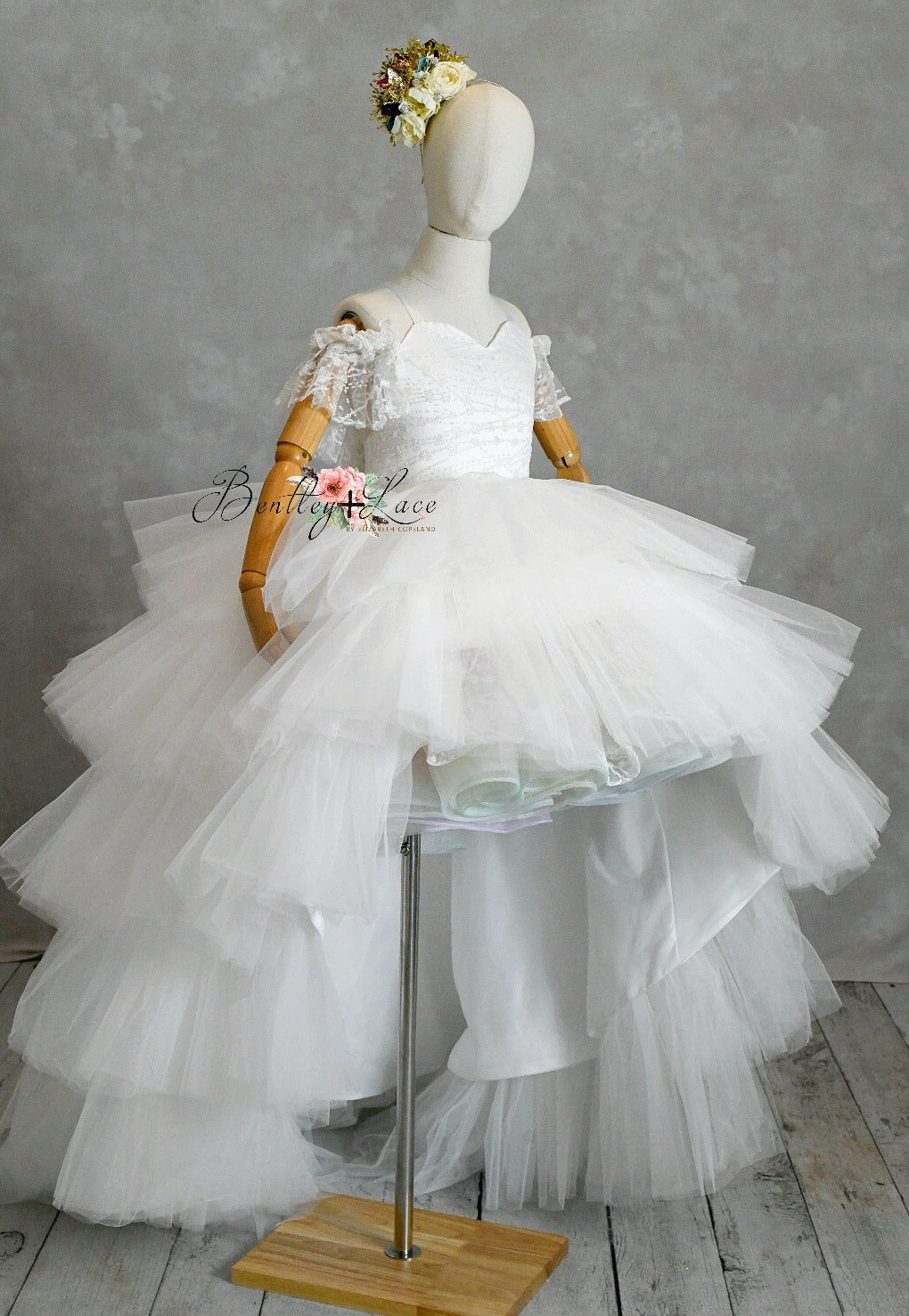 "Unicorns & Rainbows" - off shoulder lace- Petal Short Length Dress ( 7 Year - Petite 8 Year)