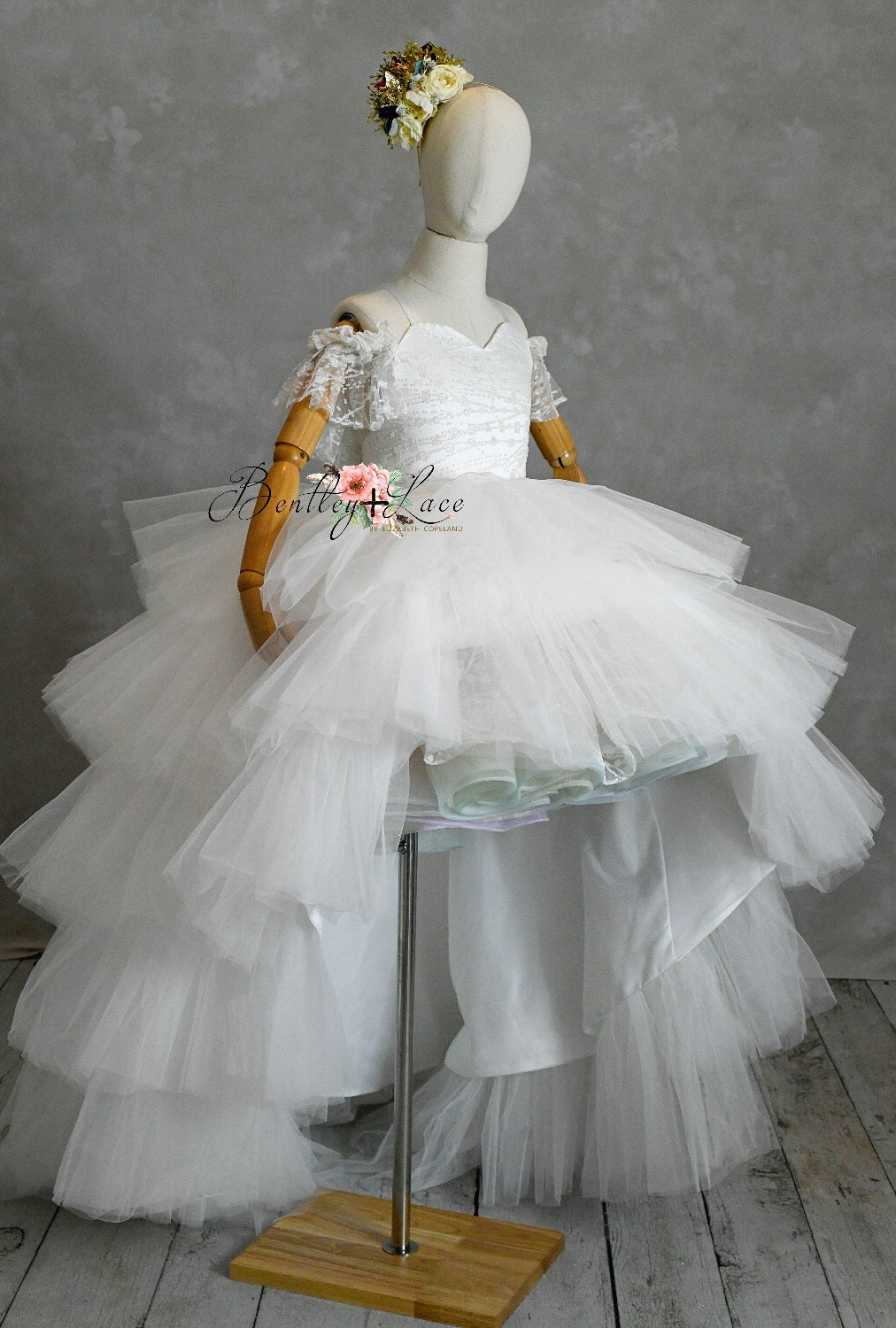 "Unicorns & Rainbows" - off shoulder lace- Petal Short Length Dress ( 7 Year - Petite 8 Year)