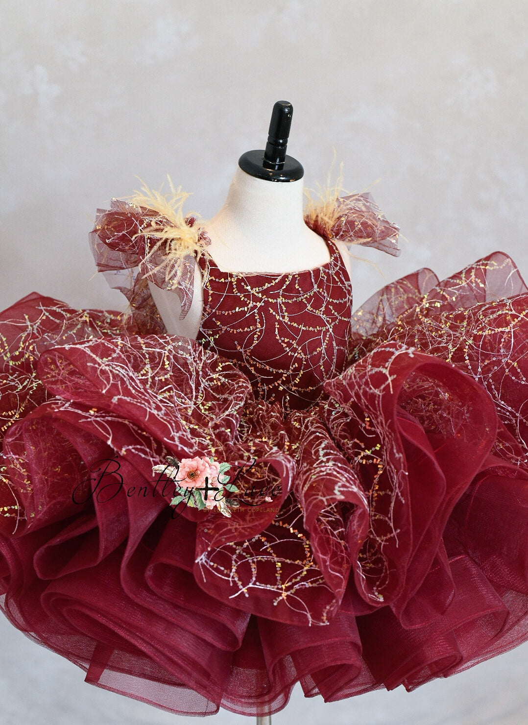 "Winnie" burgundy with feathers Petal Length Dress ( 4 Year - Petite 5 Year)