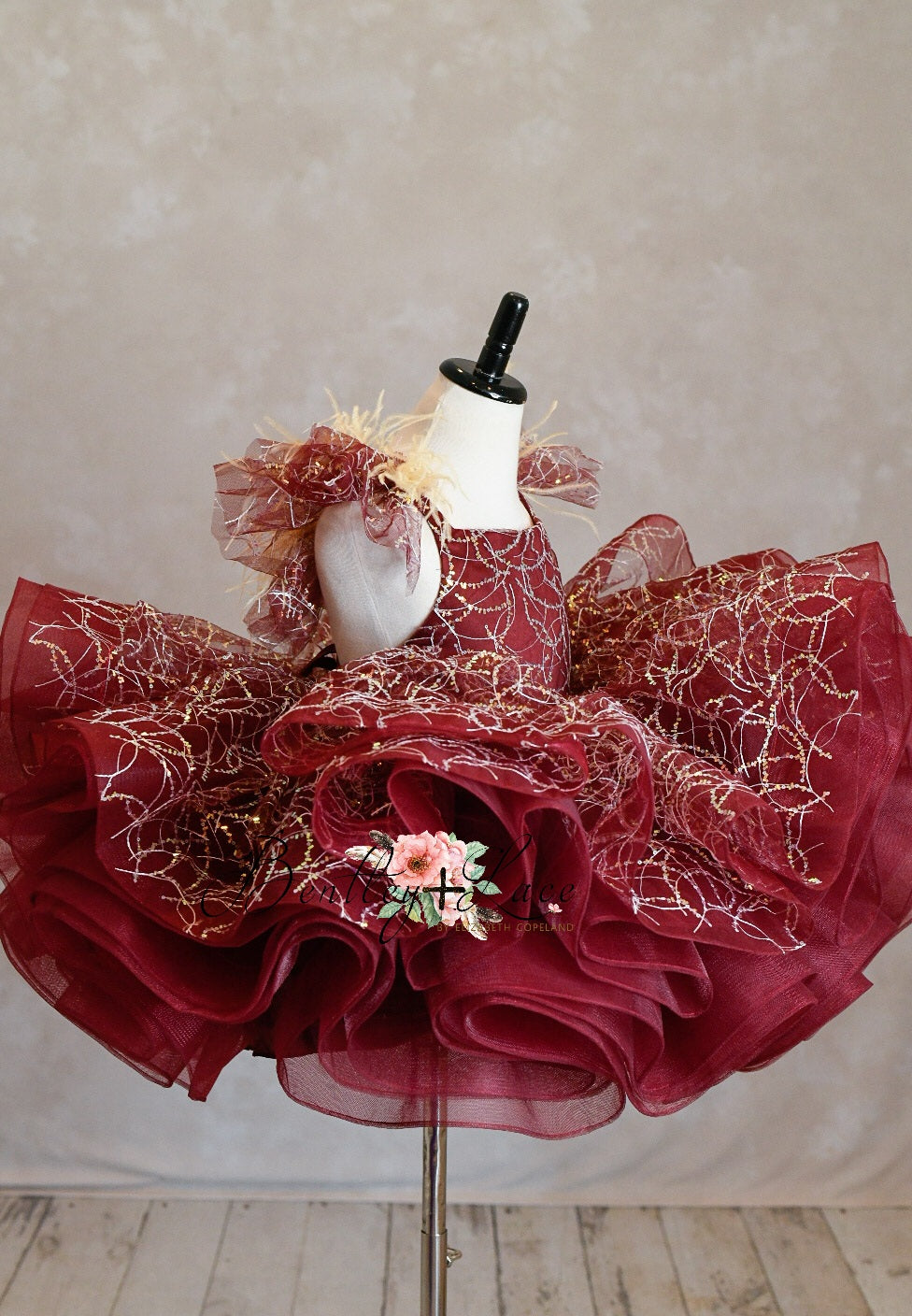 "Winnie" burgundy with feathers Petal Length Dress ( 4 Year - Petite 5 Year)