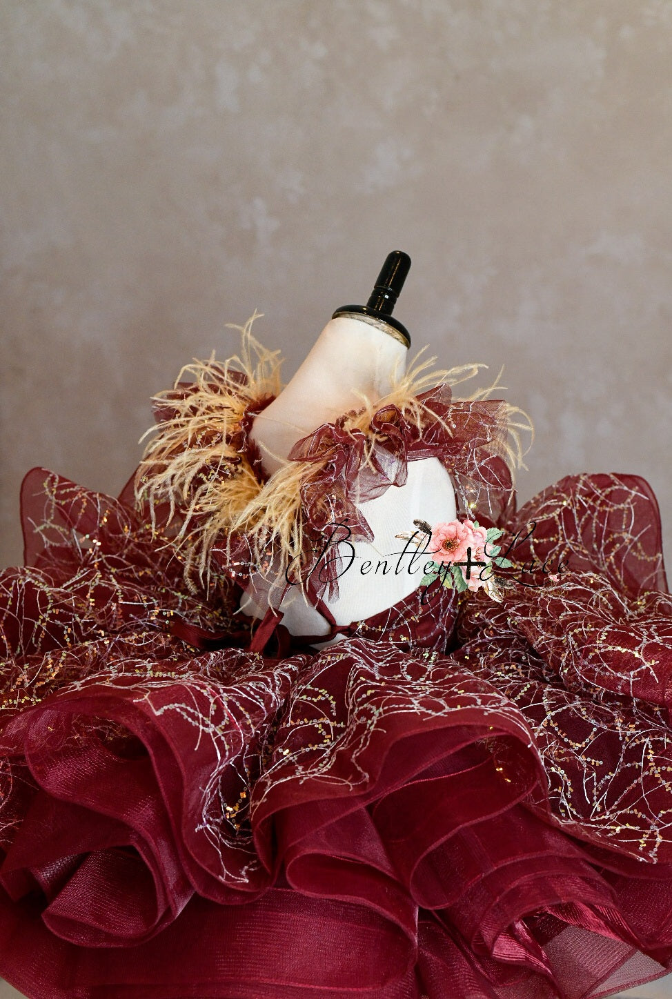 "Winnie" burgundy with feathers Petal Length Dress ( 4 Year - Petite 5 Year)