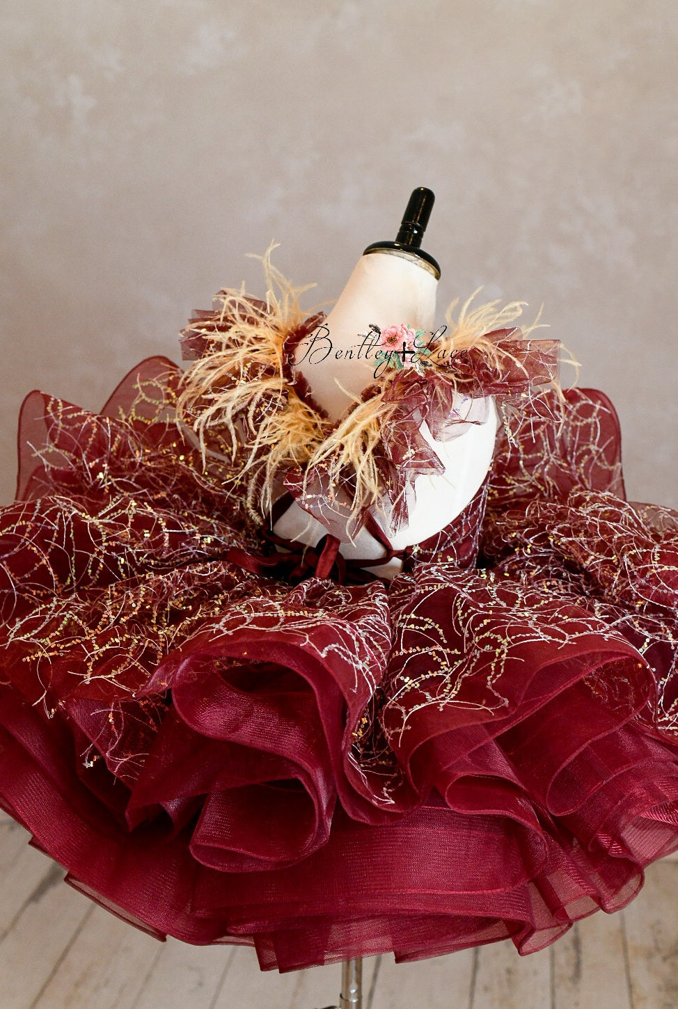 "Winnie" burgundy with feathers Petal Length Dress ( 4 Year - Petite 5 Year)