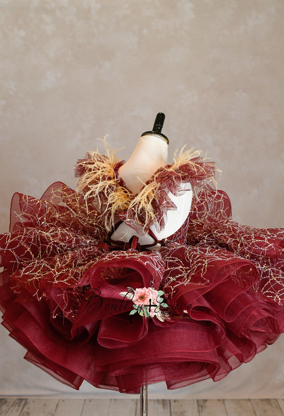 "Winnie" burgundy with feathers Petal Length Dress ( 4 Year - Petite 5 Year)