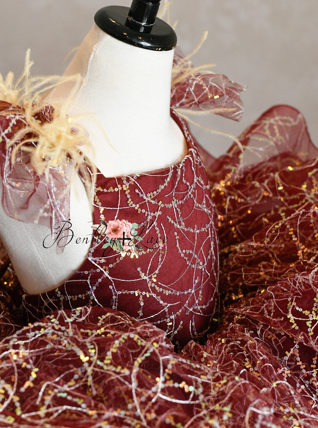 "Winnie" burgundy with feathers Petal Length Dress ( 4 Year - Petite 5 Year)