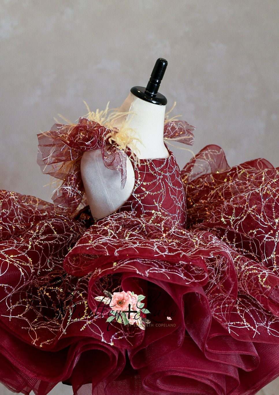 "Winnie" burgundy with feathers Petal Length Dress ( 4 Year - Petite 5 Year)