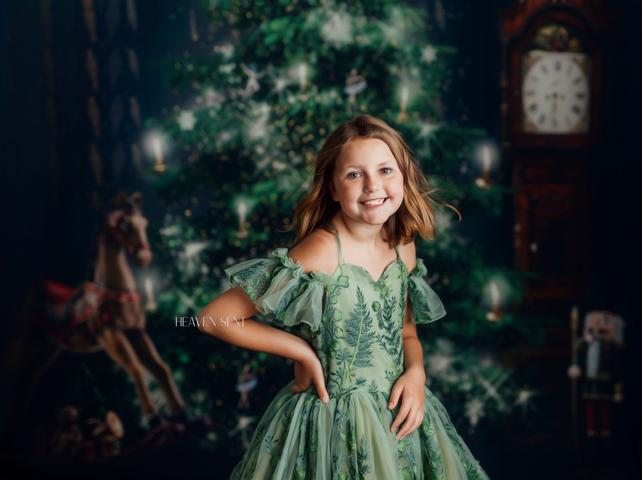 "Frenchie" - Green Plant Life- with cape Floor Length ( 7 Year - Petite 9 Year)