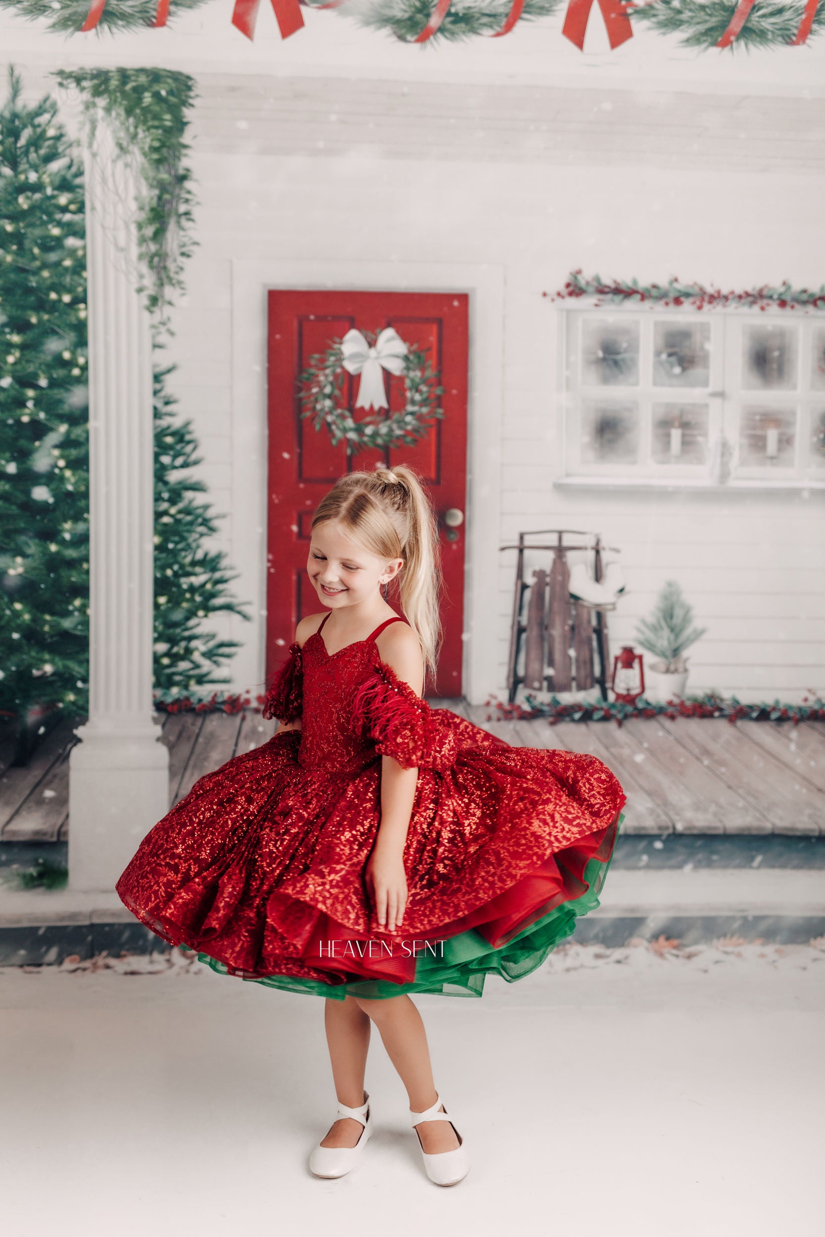 "Ruby Shimmer" - Red and Green Petal Gown Dress ( 6 Year - Petite 7 Year)