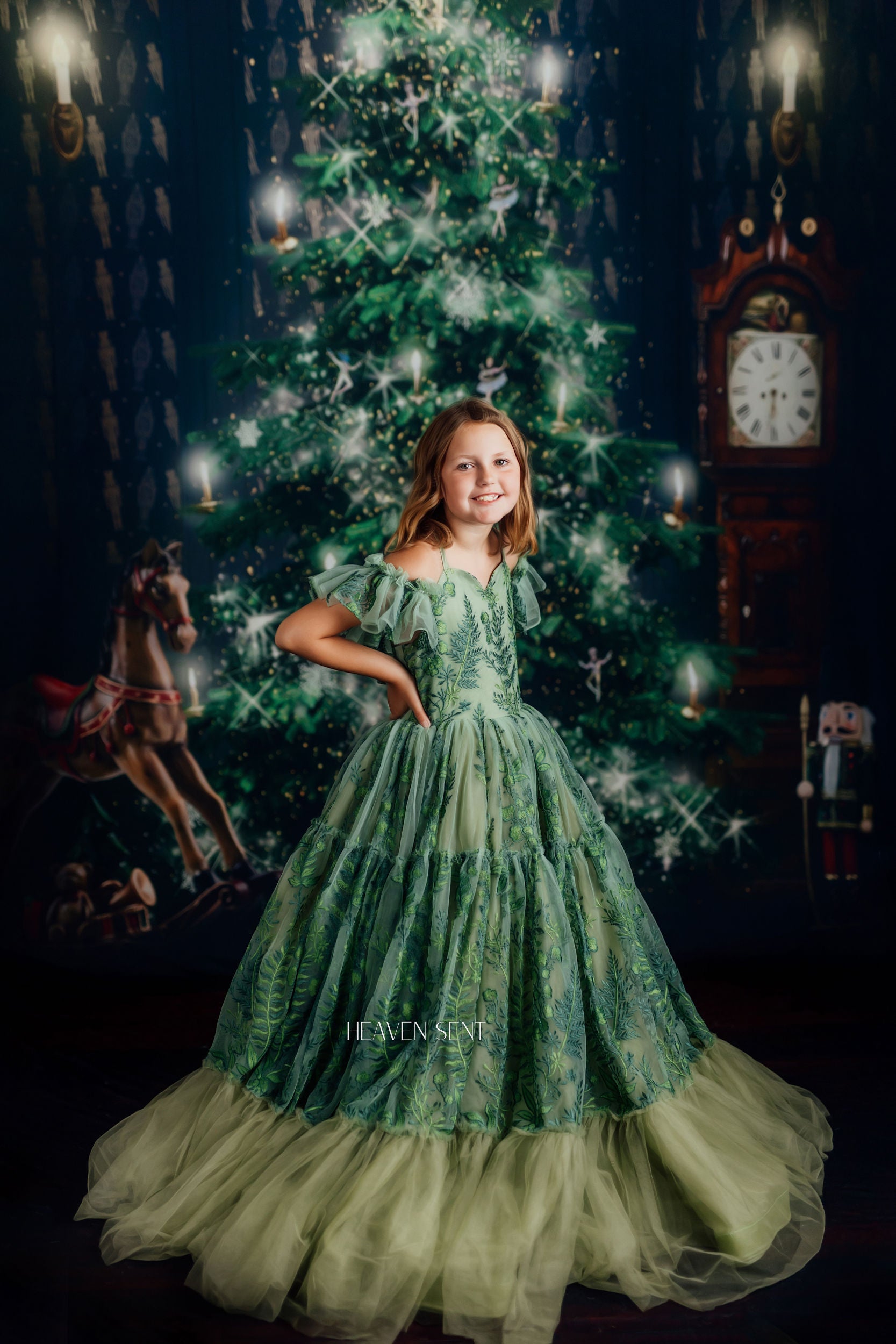 "Frenchie" - Green Plant Life- with cape Floor Length ( 7 Year - Petite 9 Year)