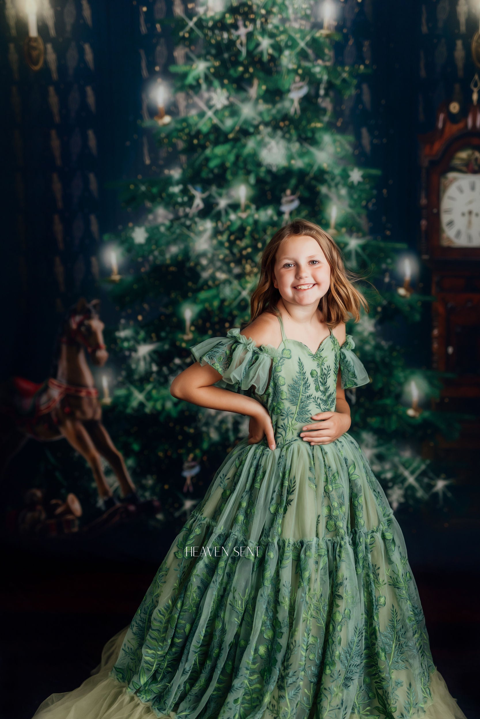 "Frenchie" - Green Plant Life- with cape Floor Length ( 7 Year - Petite 9 Year)