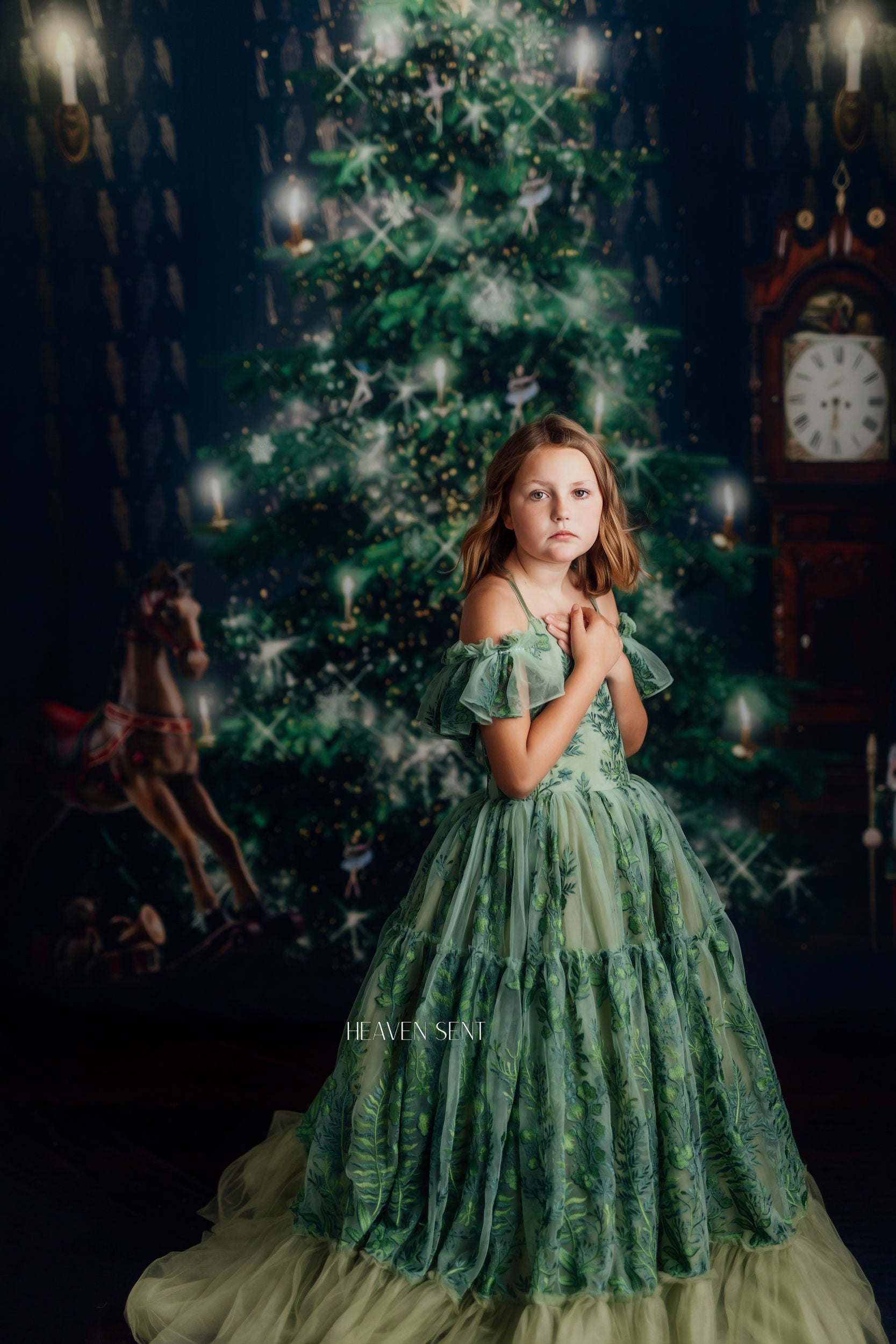 "Frenchie" - Green Plant Life- with cape Floor Length ( 7 Year - Petite 9 Year)