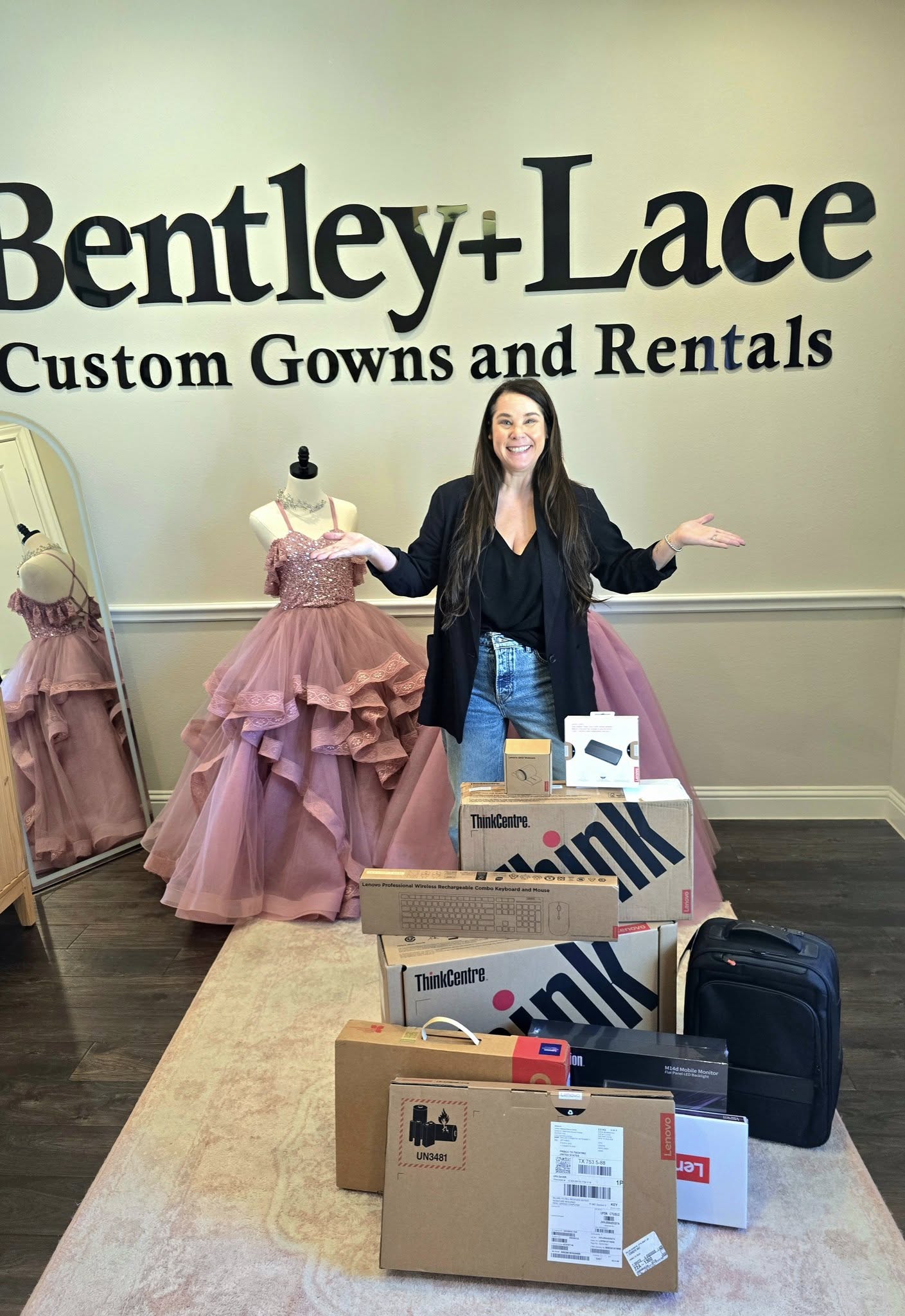 Bentley + Lace founder celebrating Dallas Cowboys and Lenovo Evolve Small Business Top 10 win with couture gowns showcased in studio