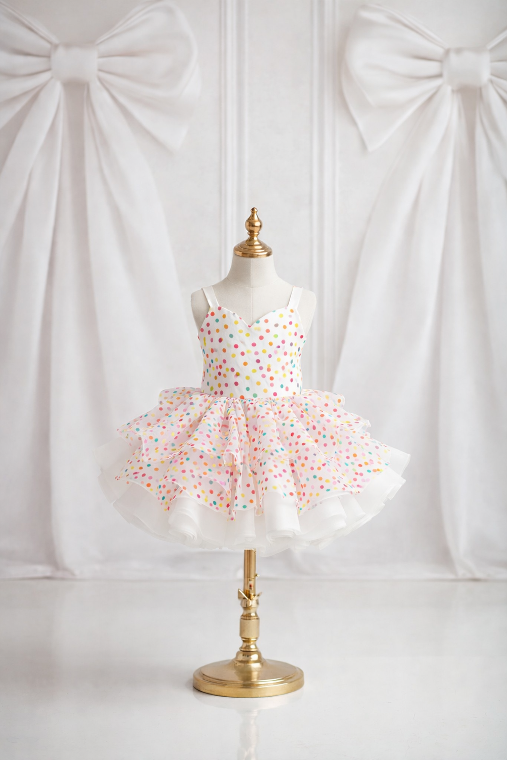 Professional studio image of girls polka dot dress with layered tulle skirt