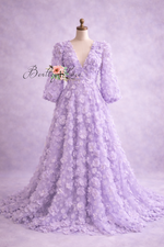 Lavender floral dress on a mannequin against a light purple background