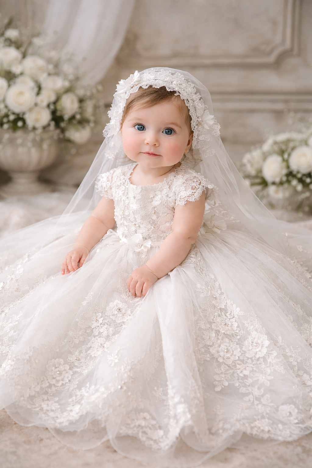 Baby in a white lace dress with a veil in a decorated room with flowers.