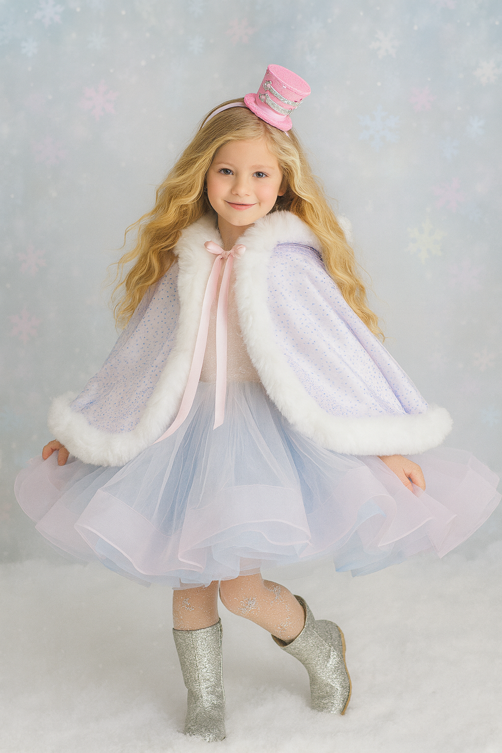 Young girl in a fairy costume with a pink hat and white fur trim on a light gray background